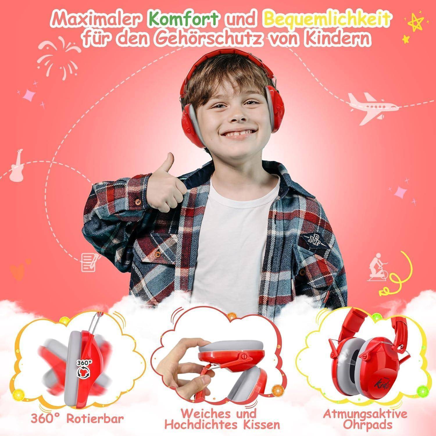 Ein Kind mit roten Kopfhörern lächelt, wobei der Text den Komfort und die Benutzerfreundlichkeit beim Gehörschutz für Kinder hervorhebt. Die Eigenschaften der Kopfhörer werden darunter angezeigt.