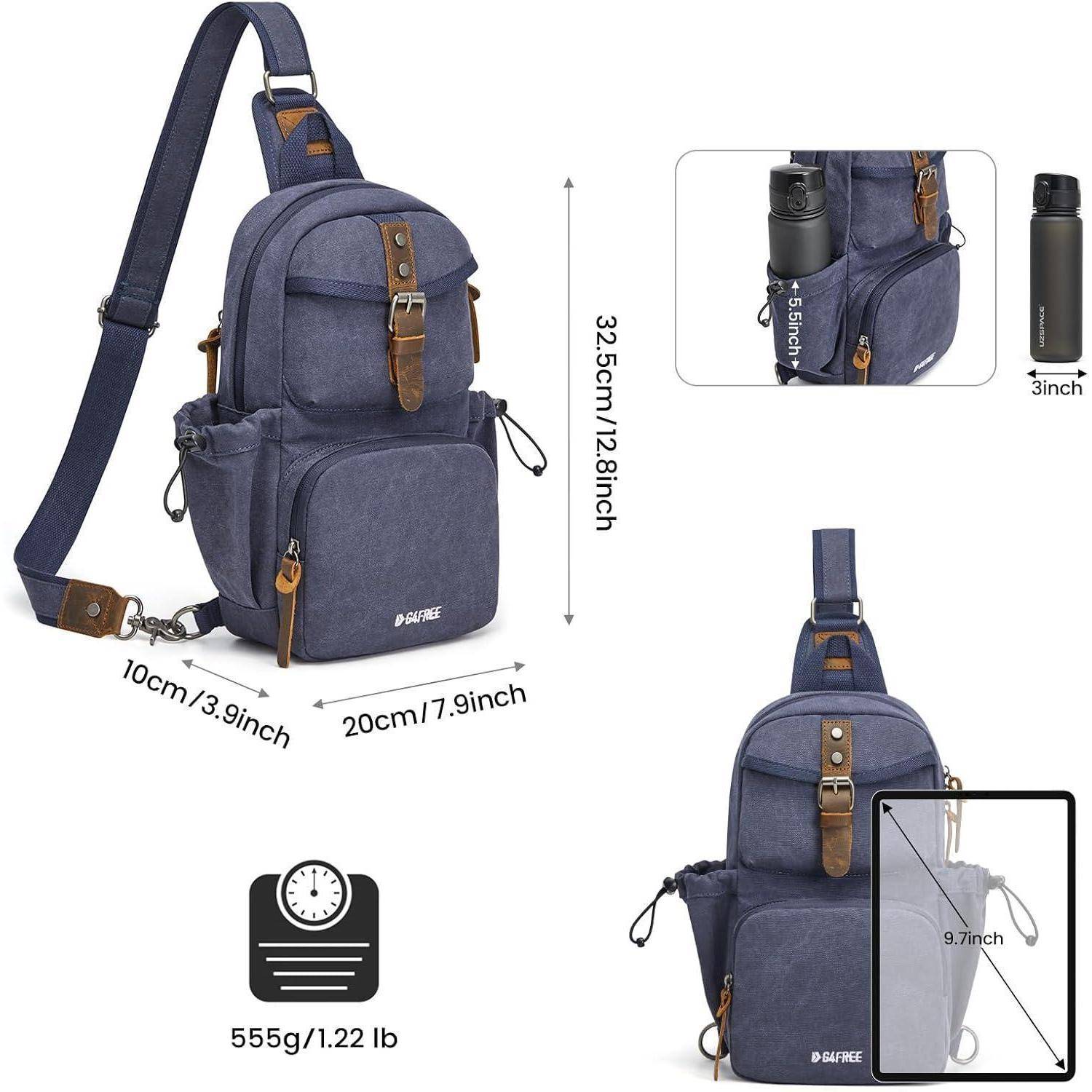 Blauer Schleuderucksack mit braunen Akzenten, Maße: 32,5x20x10 cm. Ausgestattet mit mehreren Taschen, wiegt 555g. Passt ein Telefon und zwei Flaschen.
