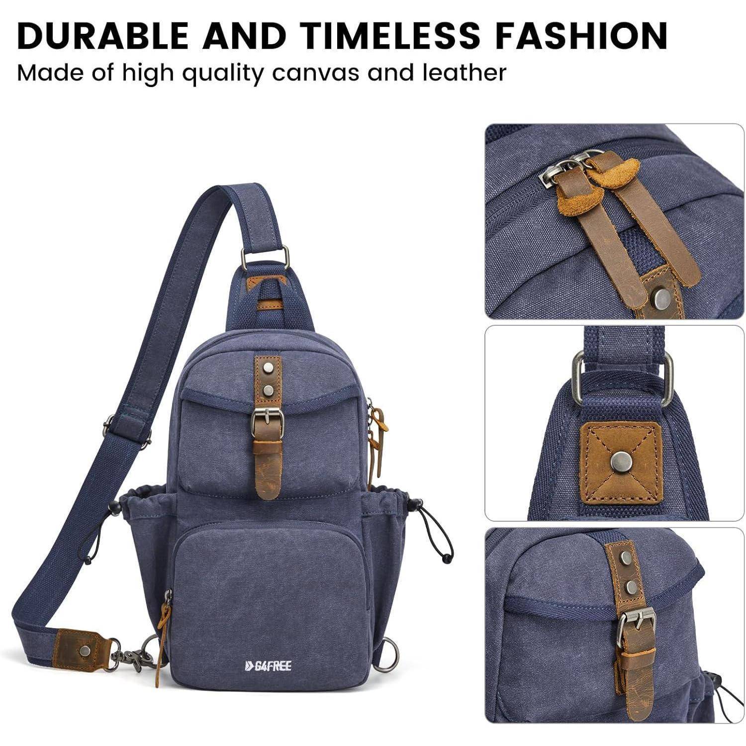 Blauer Rucksack aus Segeltuch und Leder mit mehreren Taschen und verstellbaren Trägern. Beschrieben als ‚Langlebige und zeitlose Mode.