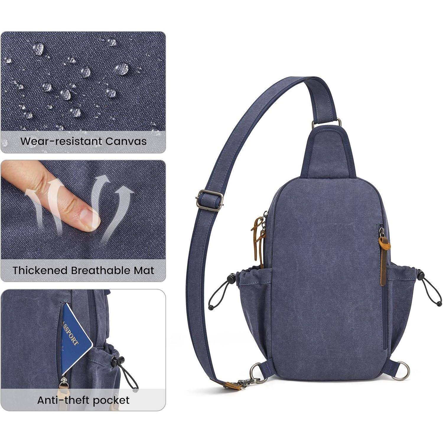 Blauer Schultertasche mit Diebstahlschutz-Fach, verstärkte atmungsaktive Matte, abriebfeste Leinwand. Wassertropfen zeigen Wasserabweisende Eigenschaften.