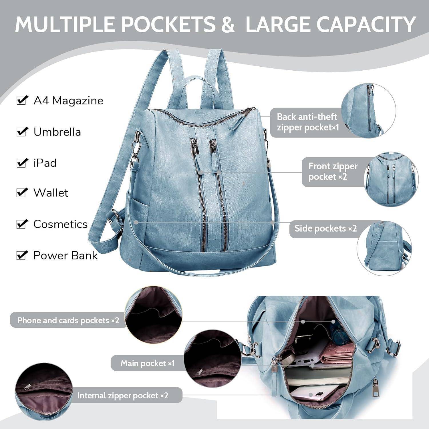 Rucksack Damen wasserdicht diebstahlsicher PULeder Mehrzweck Blau