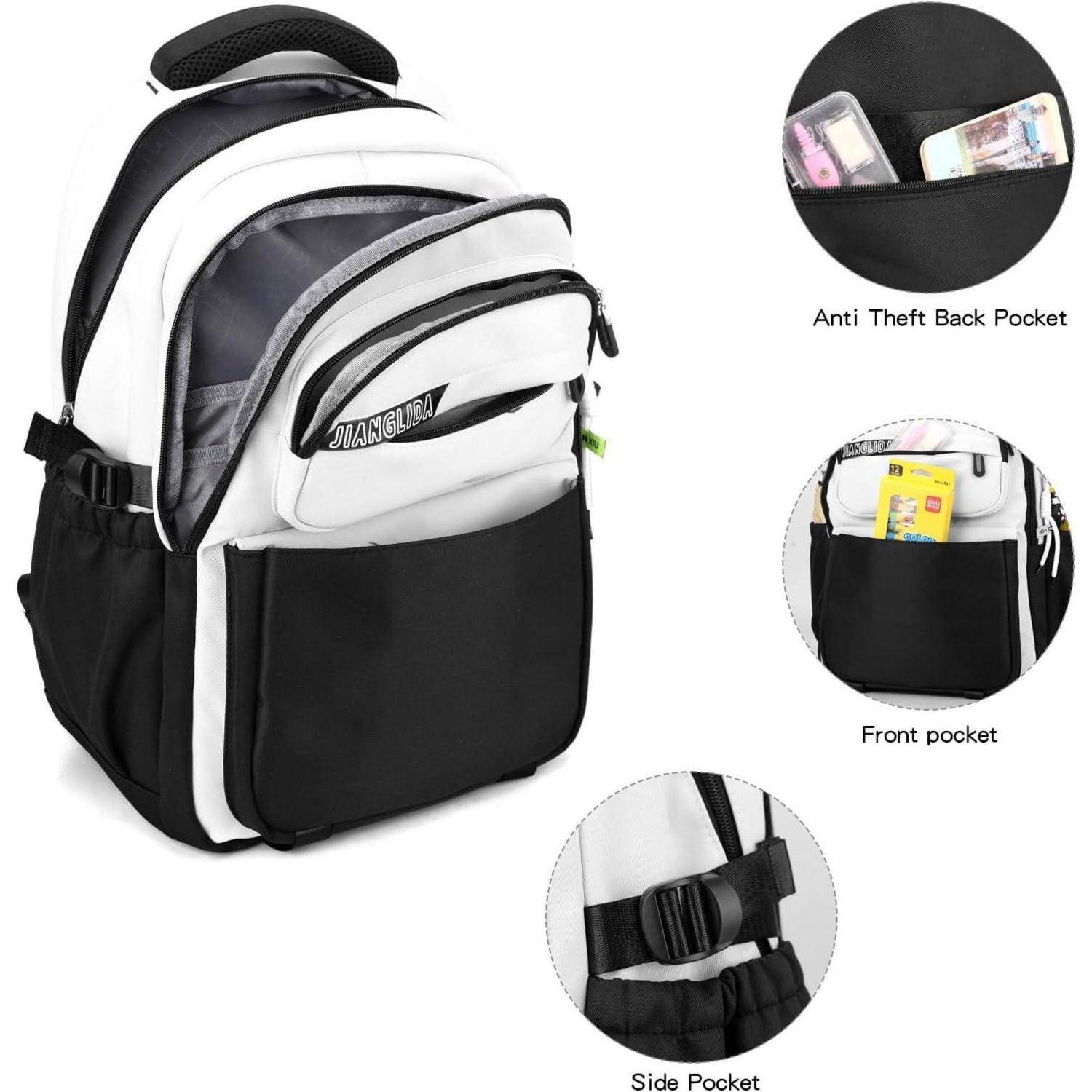 Ein schwarz-weißer Rucksack mit mehreren Taschen: eine 'Vordertasche' mit Dokumenten, eine 'Seitentasche' und eine 'Diebstahlsichere Rückentasche' mit Telefonen.