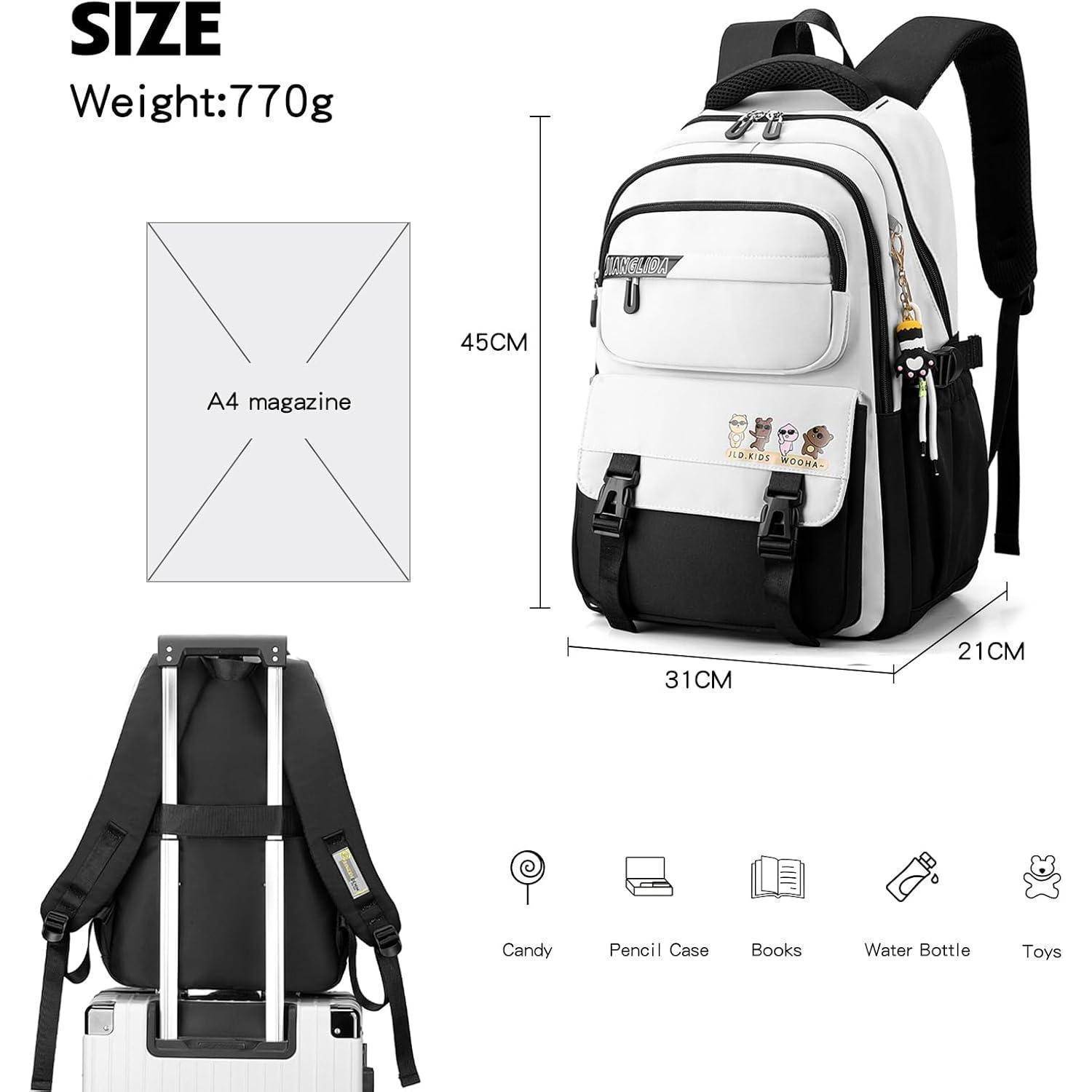 Ein weißer und schwarzer Rucksack wird gezeigt mit den Maßen: 45 cm Höhe, 31 cm Breite, 21 cm Tiefe. Er passt ein A4-Magazin und enthält Anzeiger zum Tragen von Süßigkeiten, Stiften, Büchern, einer Wasserflasche und Spielzeugen.