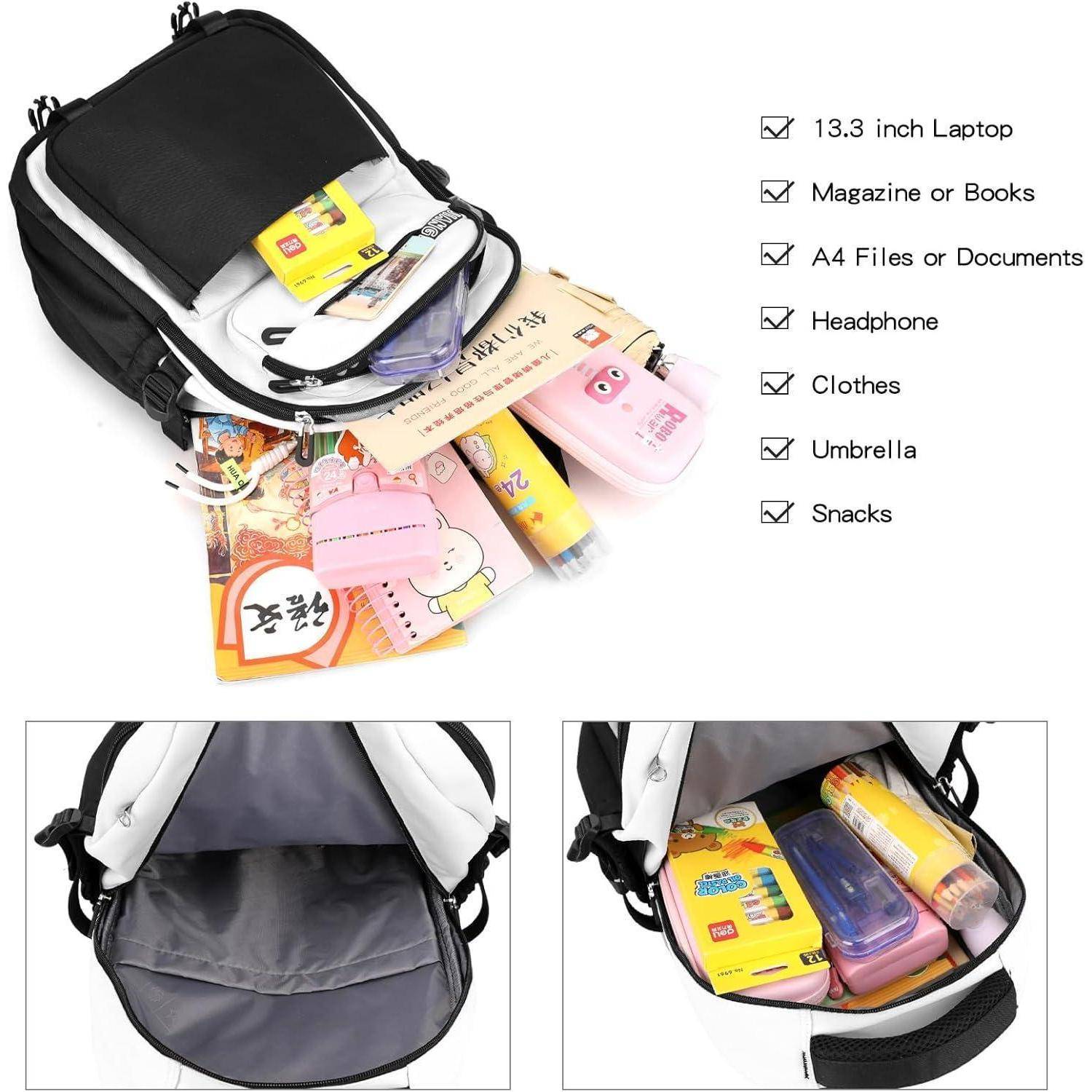 Ein offener Rucksack mit Gegenständen wie einem 13,3-Zoll-Laptop, einer Zeitschrift, Akten, Kopfhörern, Kleidung, einem Regenschirm und Snacks.