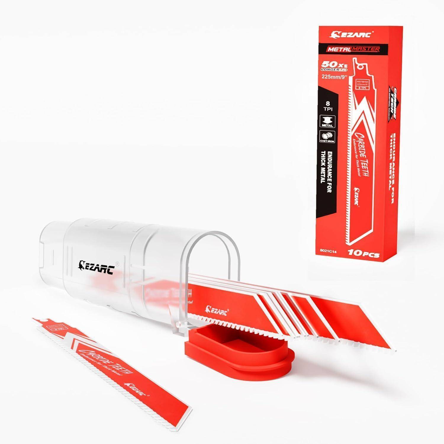 Ein Satz roter Säbelsägeblätter aus Metall mit Verpackung. Text auf den Sägeblättern liest sich „EZARC Metal Master