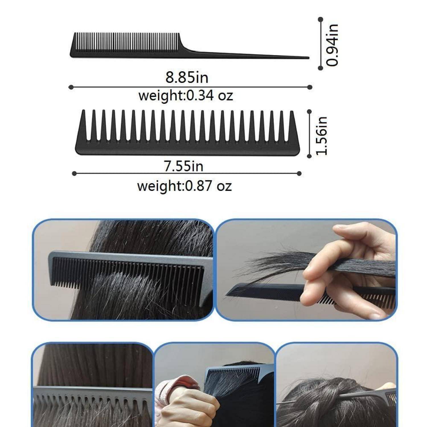 Rasierkamm mit Maßen: 22,5 cm lang, 9,6 g schwer; breiter Kamm: 19,9 cm, 16,2 g. Bilder zeigen Kämme, die zur Frisur verwendet werden.