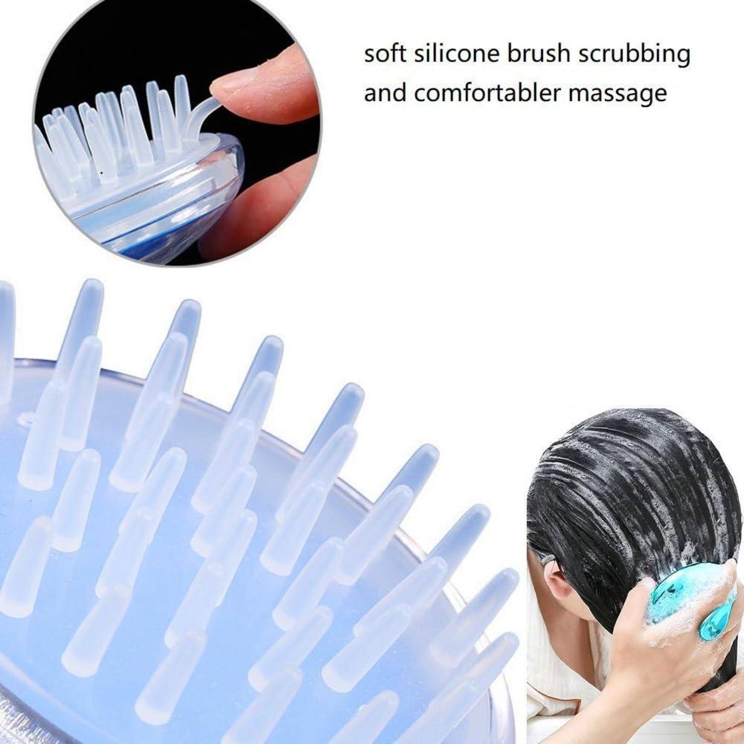 Person, der eine weiche Silikonkopfbürste zum Schrubben und Massieren der Haare verwendet, um Komfort und Sauberkeit zu verbessern.