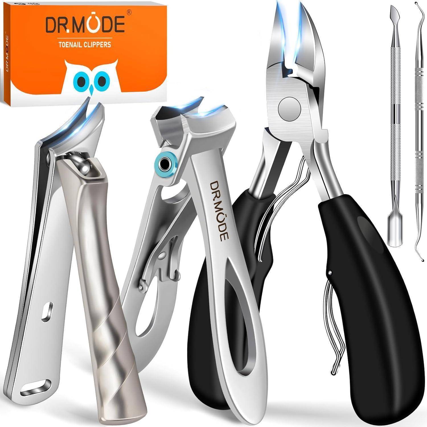 Nagelpflegeset mit verschiedenen Nagelknipsen und Werkzeugen, in einer orangefarbenen Box mit der Aufschrift „DR.MODE Zehennagelknipser