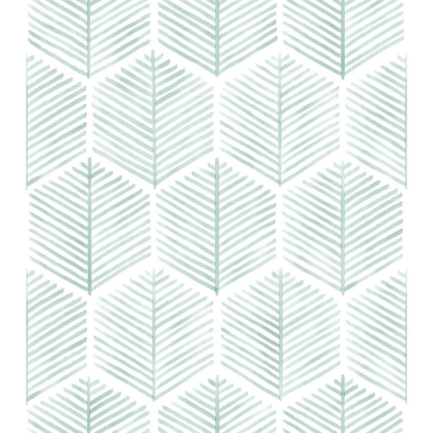 Geometrisches Muster aus hellblauen und weißen Blättern, die in Reihen angeordnet sind, wobei jedes Blatt aus parallelen Linien besteht, die eine Chevron-Form bilden.