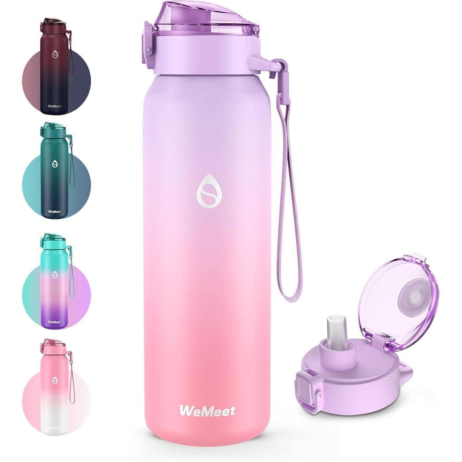 Rosa und lila Farbverlauf Wasserflasche mit Klappdeckel und Strohhalm. Enthält einen Griff zum Tragen. Fünf kleinere Bilder zeigen Farboptionen.