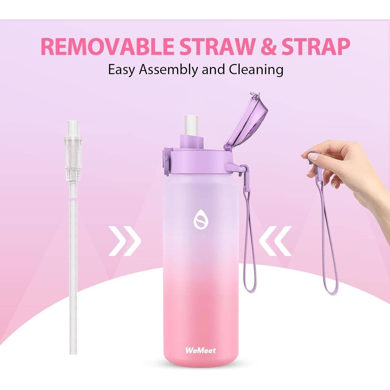 Eine Hand hält eine pinke Ombré-Wasserflasche mit abnehmbarem Strohhalm und Trageriemen. Der Text lautet: „ABNEHMBARER STROHHALM & RIEMEN: Einfache Montage und Reinigung.