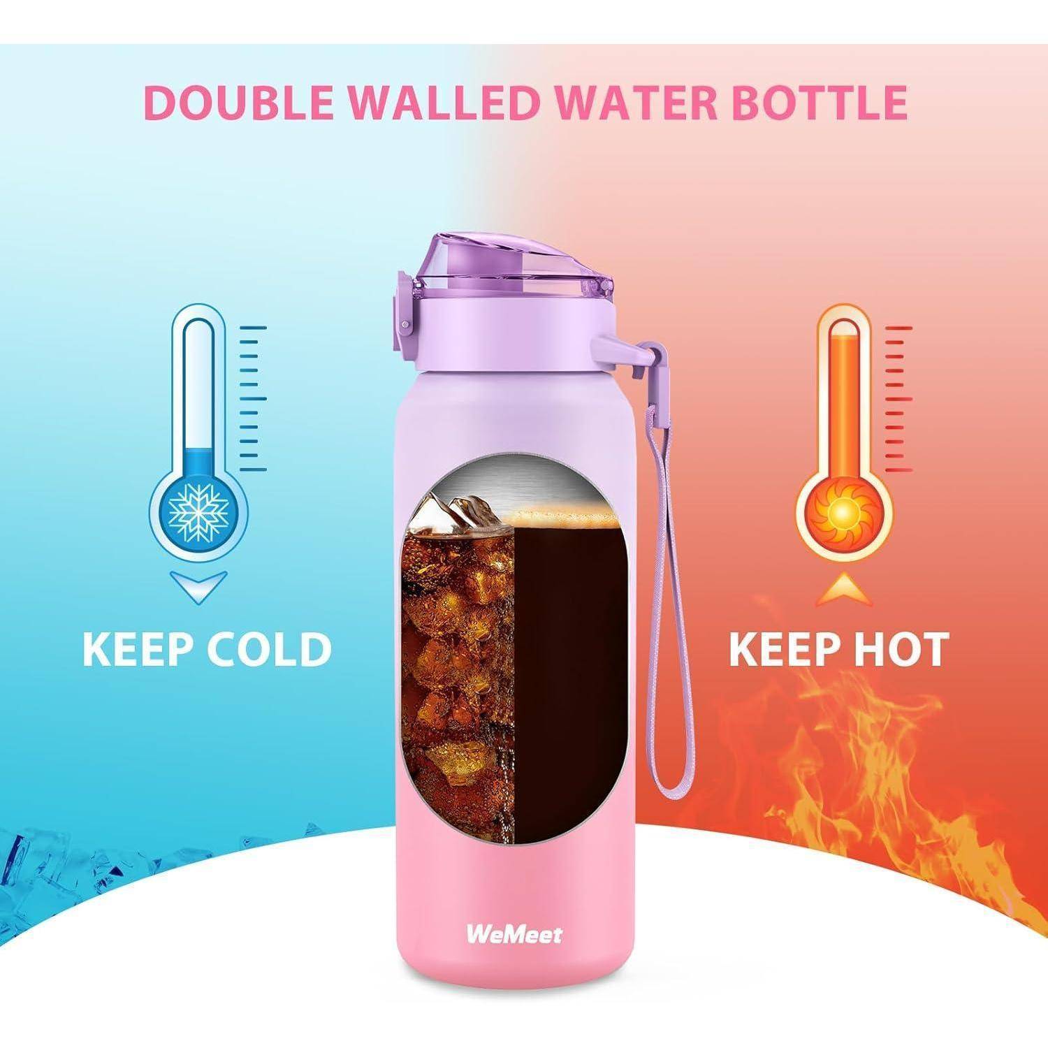 Rosa doppelwandige Wasserflasche, die einen Eiskaffee zeigt. 