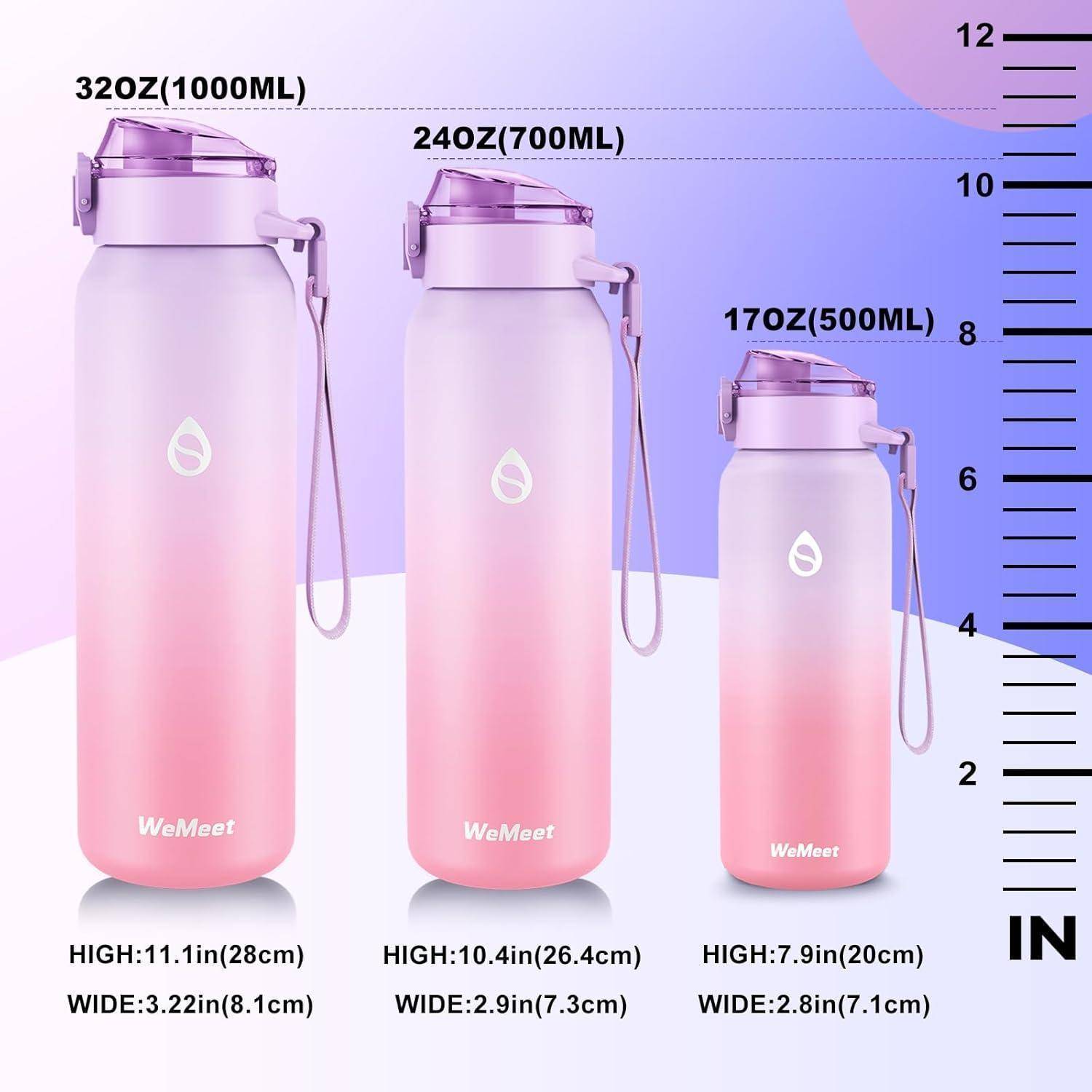 Drei Wasserflaschen in aufsteigender Größe (500ml, 700ml, 1000ml) mit Abmessungen beschriftet. Ein Lineal rechts zeigt Zoll an.