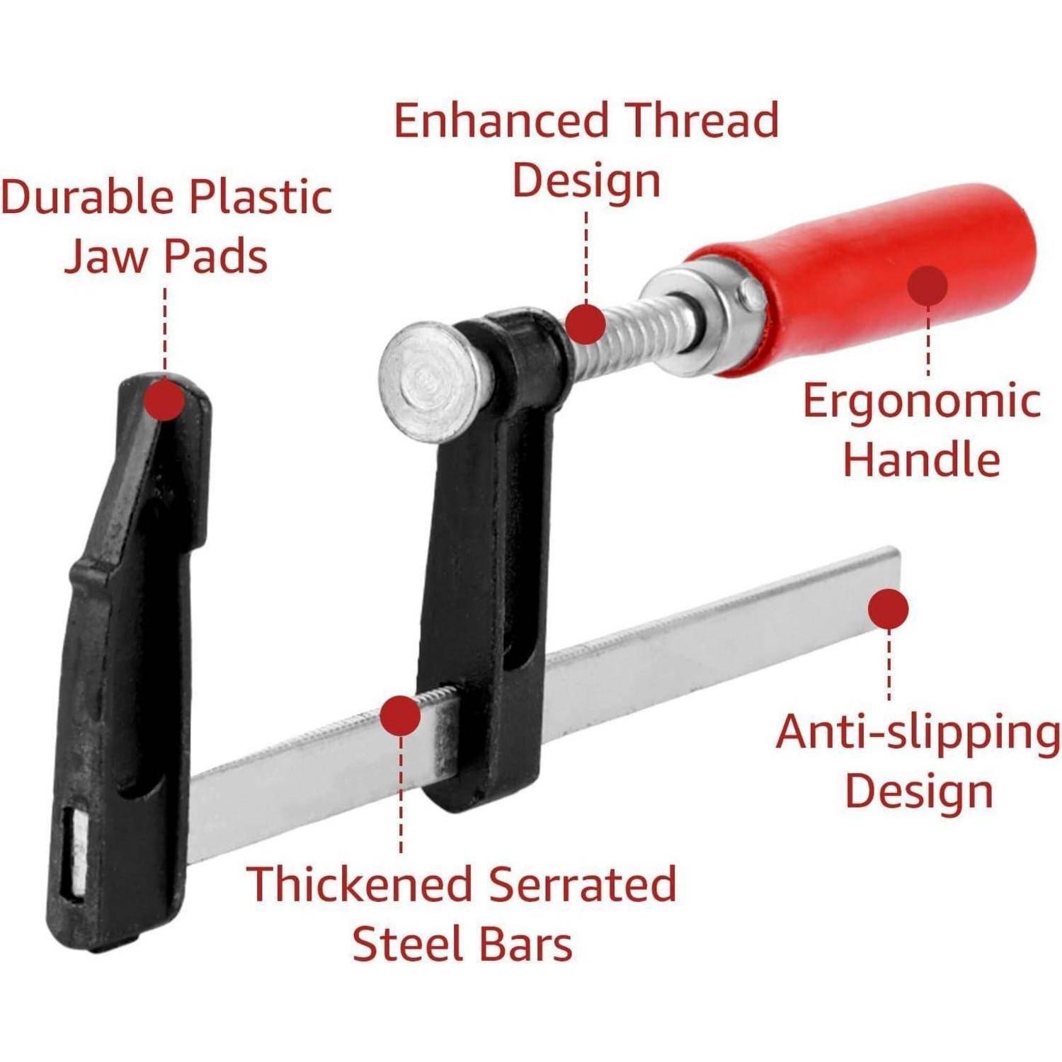 Klemmdiagramm mit verstärktem Gewinde, ergonomischem Griff, rutschfester Konstruktion, verstärkten gezahnten Stahlstangen und strapazierfähigen Kunststoff-Backenfuttern.