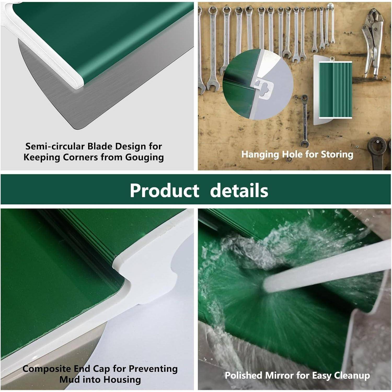 Halbkreisförmiges Klingendesign verhindert Eckenbeschädigung. Aufhängeloch zur Aufbewahrung. Verbundendkappe verhindert das Eindringen von Schlamm in das Gehäuse. Polierte Oberfläche für einfache Reinigung.