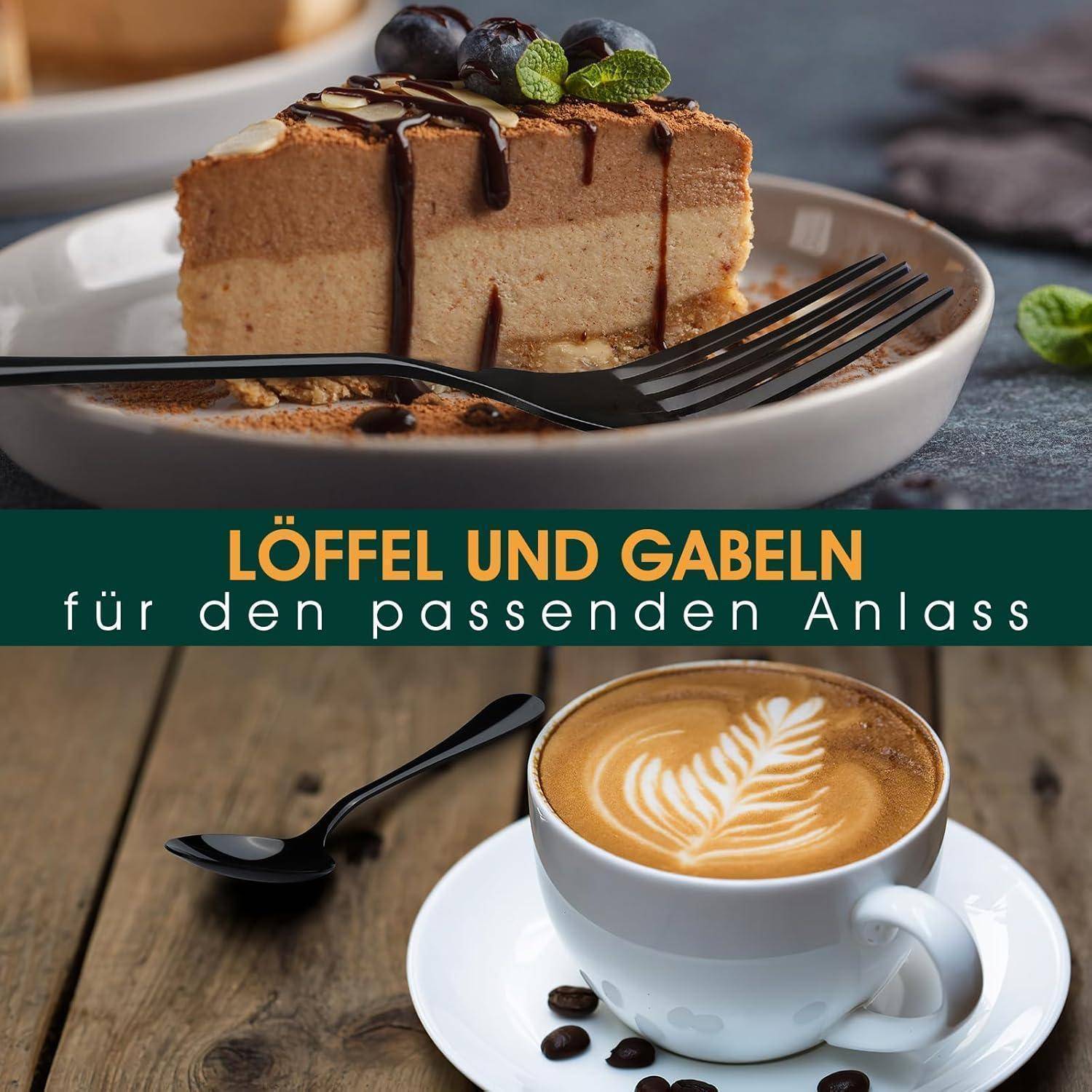 Ein Teller mit einem Kuchenstück und Kaffeebohnen obenauf, neben einer Tasse Latte-Art-Kaffee. Deutscher Text lautet: 