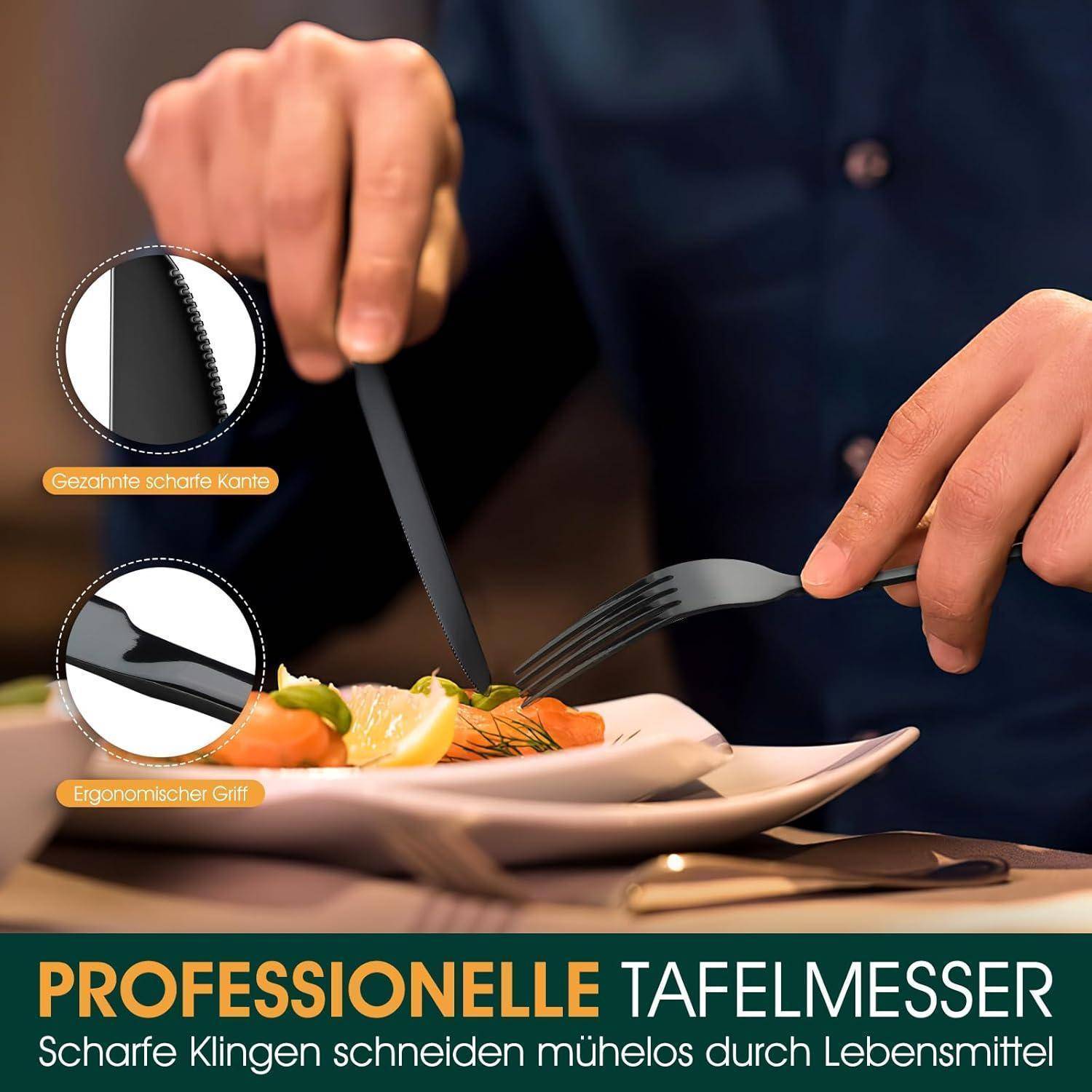 Person schneidet Essen mit Messer und Gabel, wobei die scharfe Klinge und der ergonomische Griff professioneller Bestecke hervorgehoben werden.
