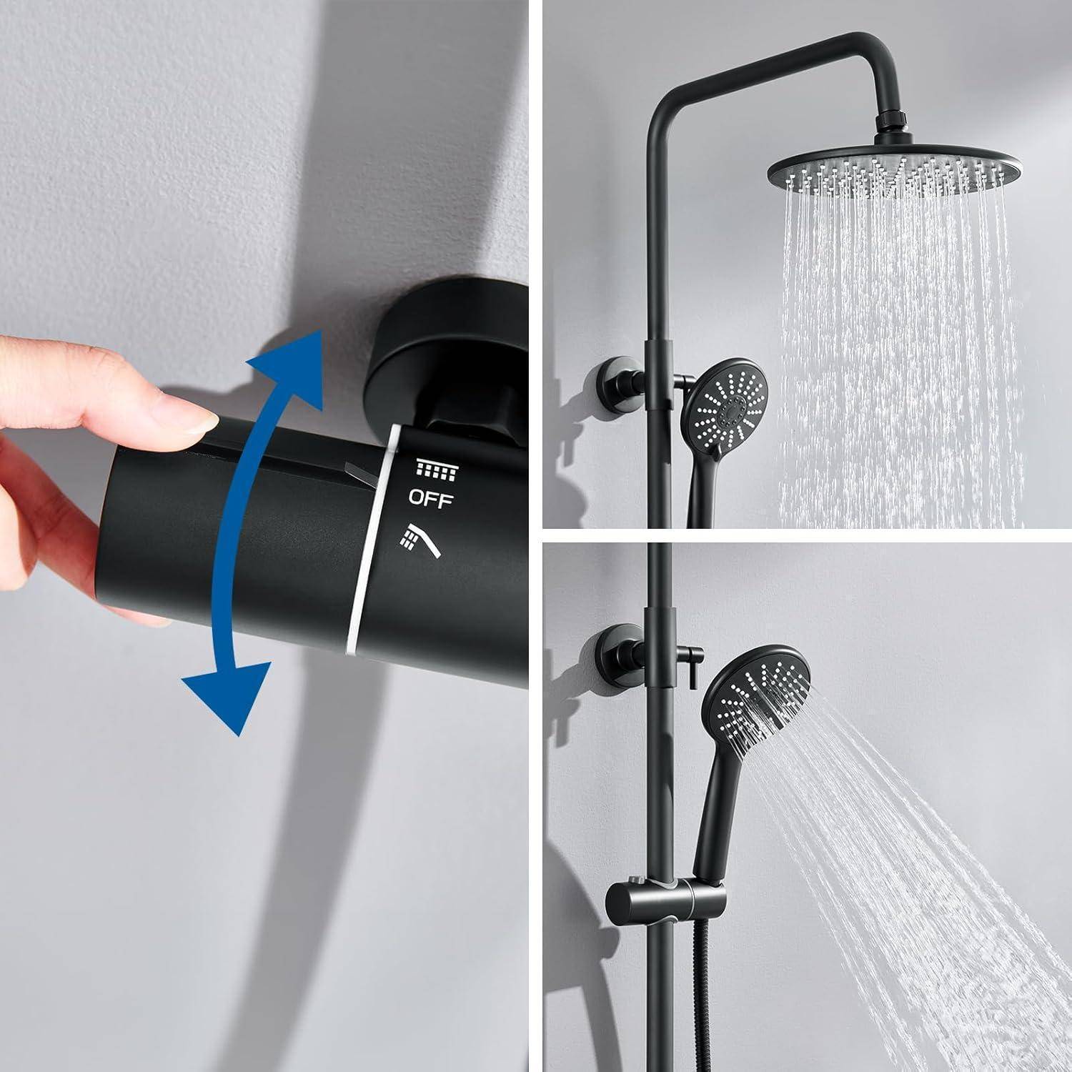 Eine Hand justiert einen Duschknopf mit Richtungspfeilen. Zwei Duschköpfe bieten Optionen für eine Decken- und eine Handbrause, wobei Wasser aus beiden fließt.