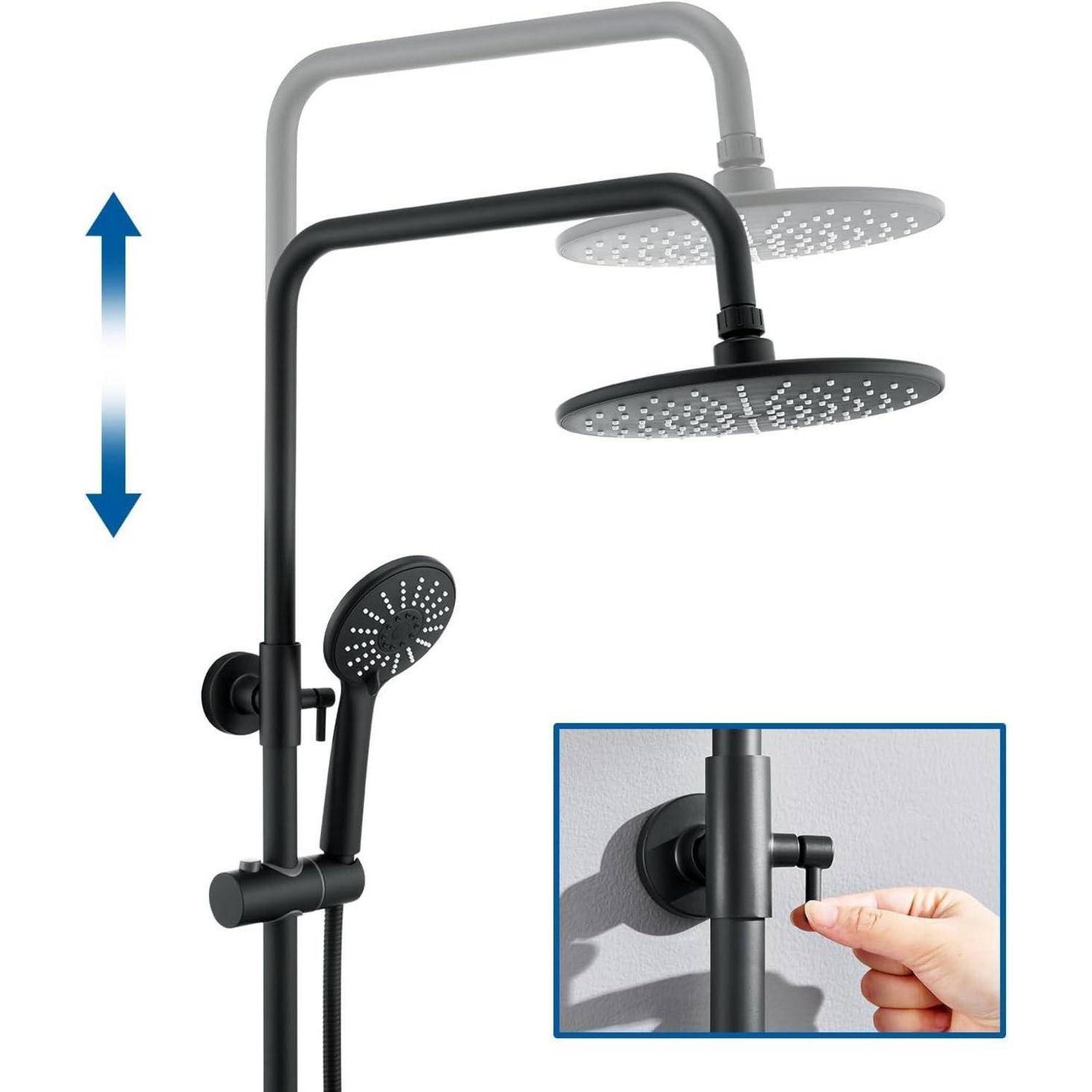 Ein schwarzes Duschkopfsystem mit verstellbarer Höheneinstellung. Eingesetztes Bild zeigt eine Hand, die einen Einstellknopf an der Duschwandhalterung dreht.