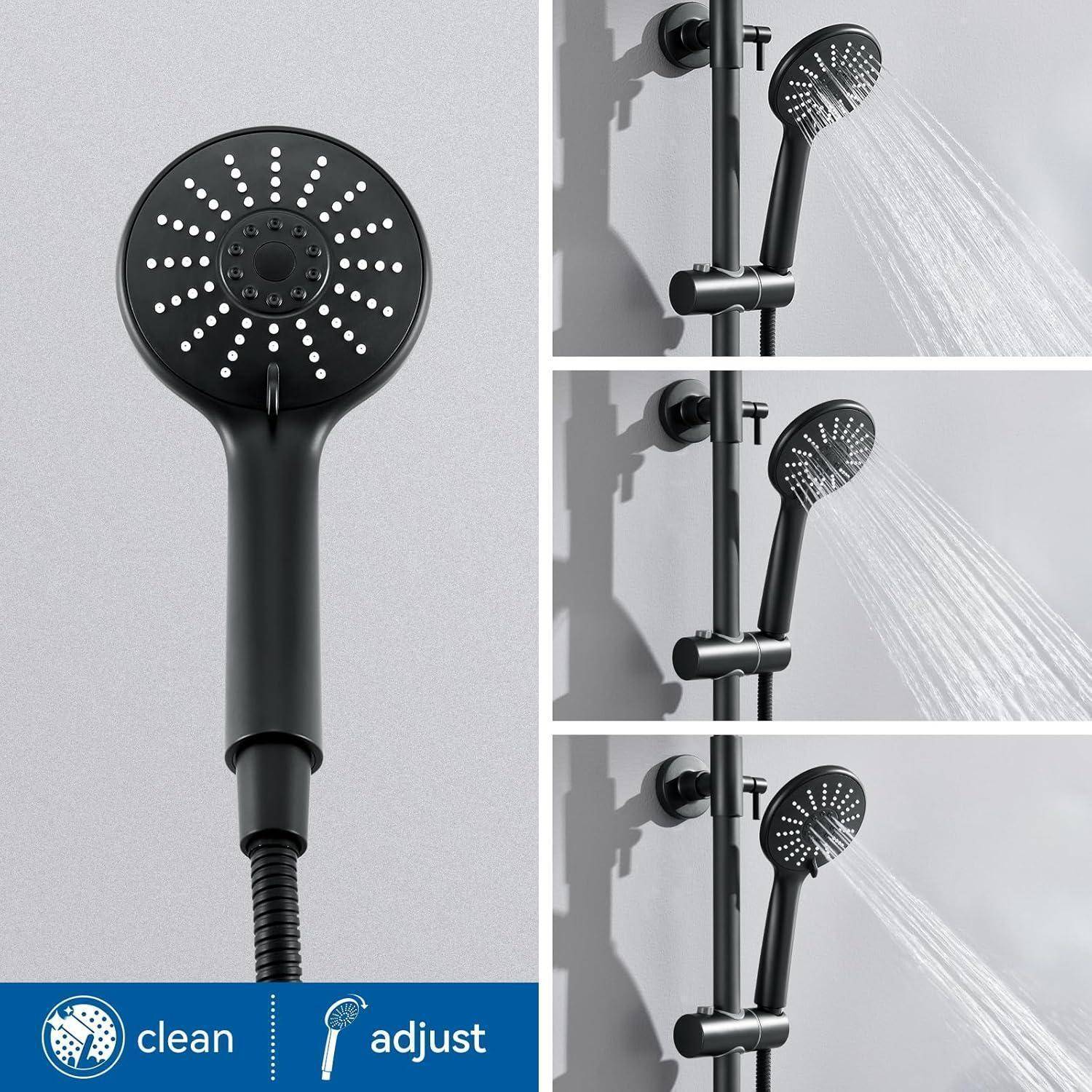 Handbrause mit verstellbaren Strahleinstellungen, in drei Positionen dargestellt: gerade, nach oben geneigt und seitlich geneigt.