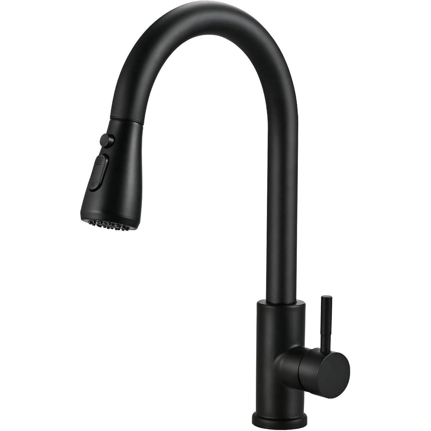 Eine schwarze Küchenarmatur mit einem Griff, einem hohen Bogen und einer ausziehbaren Brause, konzipiert für moderne Küchenspülen.