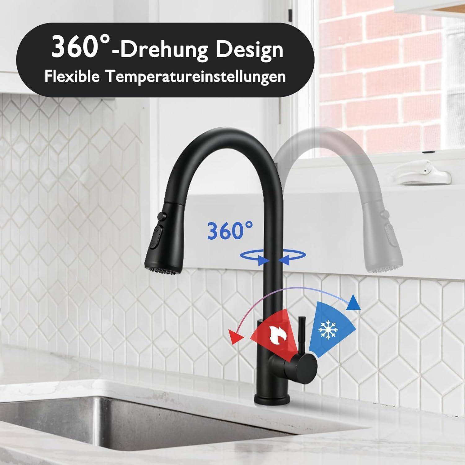 Ein Küchenarmatur mit der Bezeichnung '360°-Drehung Design', die eine flexible 360-Grad-Drehung mit Warm- und Kaltwasserregler demonstriert.