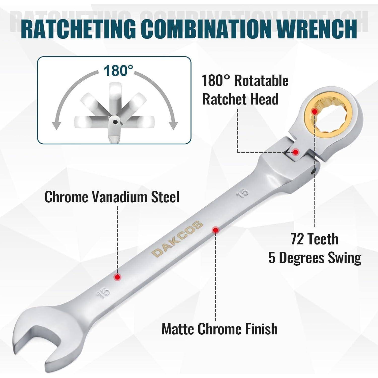 Ratschenringschlüssel mit um 180° drehbarem Ratschenkopf, matte Chromoberfläche, Chrom-Vanadium-Stahl, 72 Zähne, 5 Grad Schwenkwinkel.