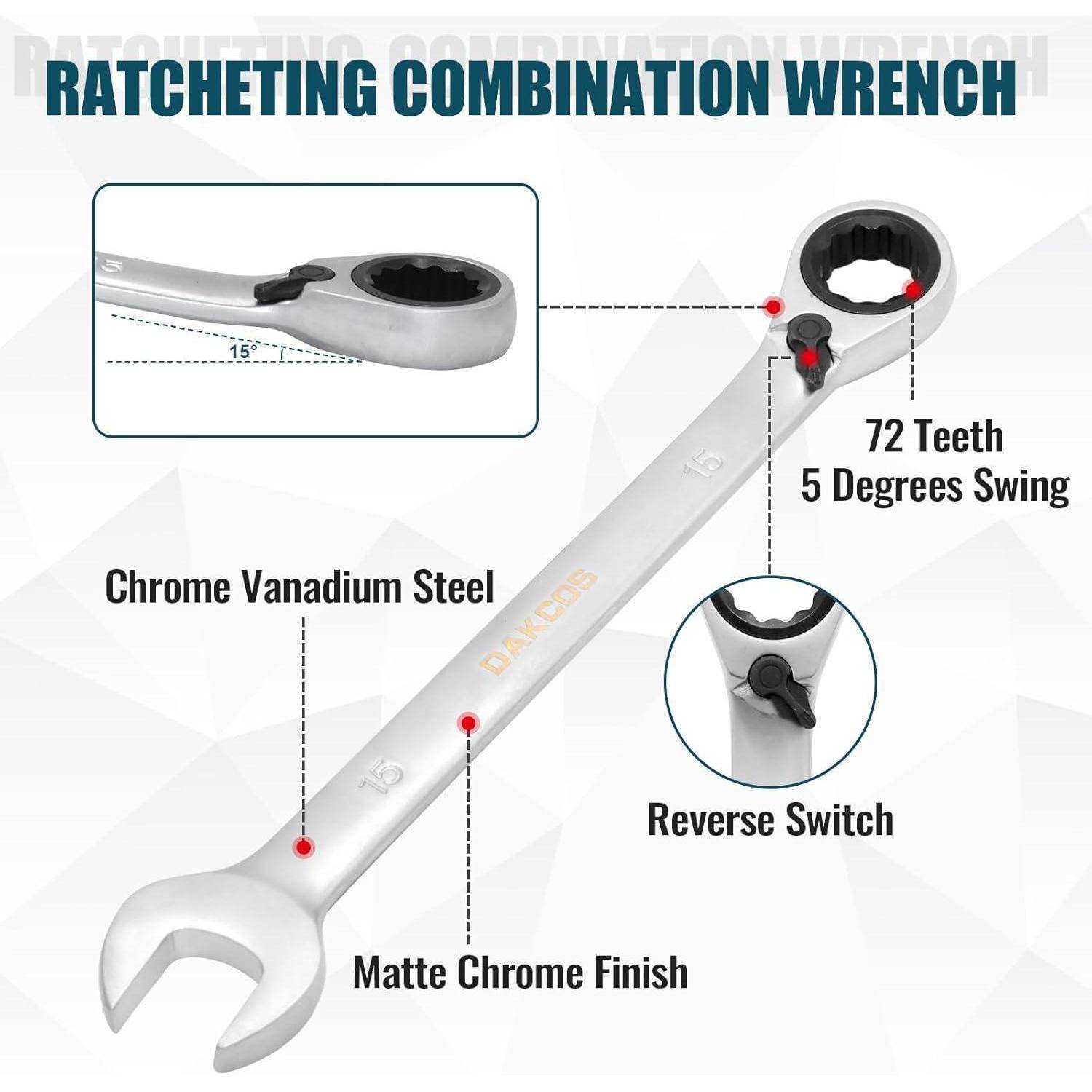 Ratschenschlüssel mit Ringmaulschlüssel: Chrom-Vanadium-Stahl, matte Chromoberfläche, 72 Zähne, 5 Grad Schwenkbereich, Umschaltmechanismus. Länge: 38 Zentimeter.