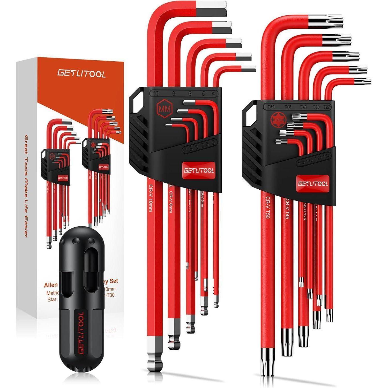 Rotes Allen-Schlüssel-Set mit gut sichtbaren Markierungen, verschiedenen Größen, einer transportablen Tasche und einer Aufbewahrungsbox für einfache Organisation.