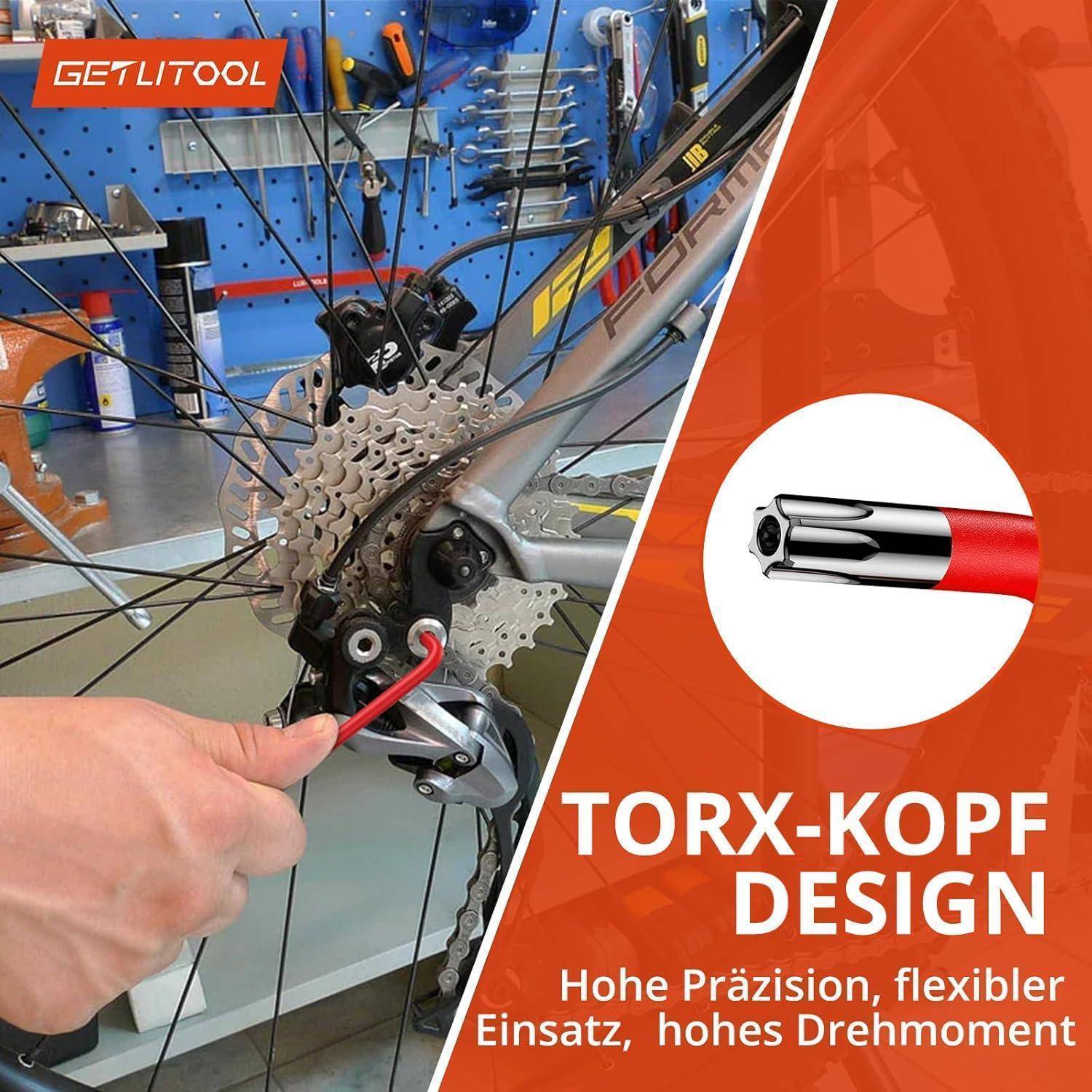 A person adjusts a bicycle gear with a tool. Text reads: 'Torx-Kopf Design, Hohe Präzision, flexibler Einsatz, hohes Drehmoment