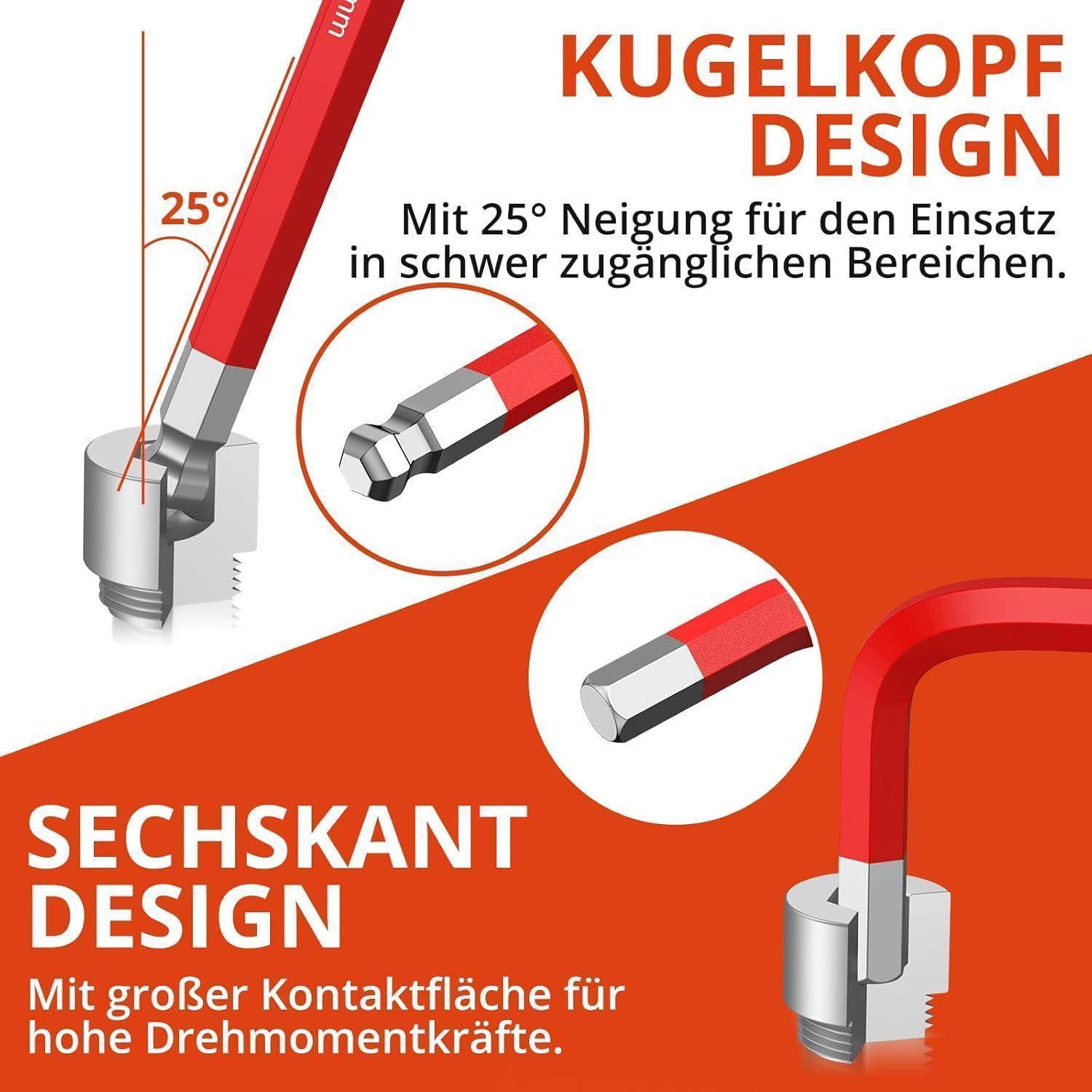 Roter Sechskantschlüssel mit Kugelkopf, in einem 25°-Winkel gebogen für die Verwendung in beengten Räumen, mit Sechskantdesign für hohe Drehmomentübertragung.