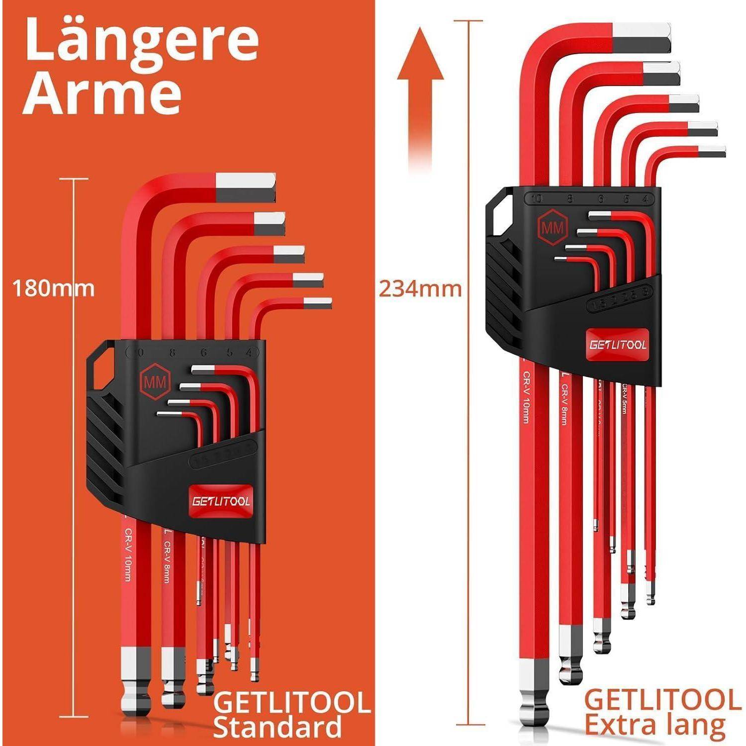 Das Bild vergleicht zwei Sätze von Sechskantschlüsseln: 'GETLITOOL Standard' mit 180 mm und 'GETLITOOL Extra lang' mit 234 mm, wobei die längere Armlänge hervorgehoben wird.
