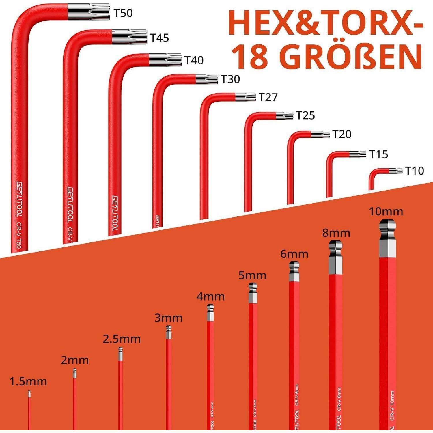 HEX&TORX - 18 GRÖßEN zeigt verschiedene Sechskant- und Torx-L-Schlüssel in Größen von 1,5 mm bis 10 mm und T10 bis T50 in roter Farbe.