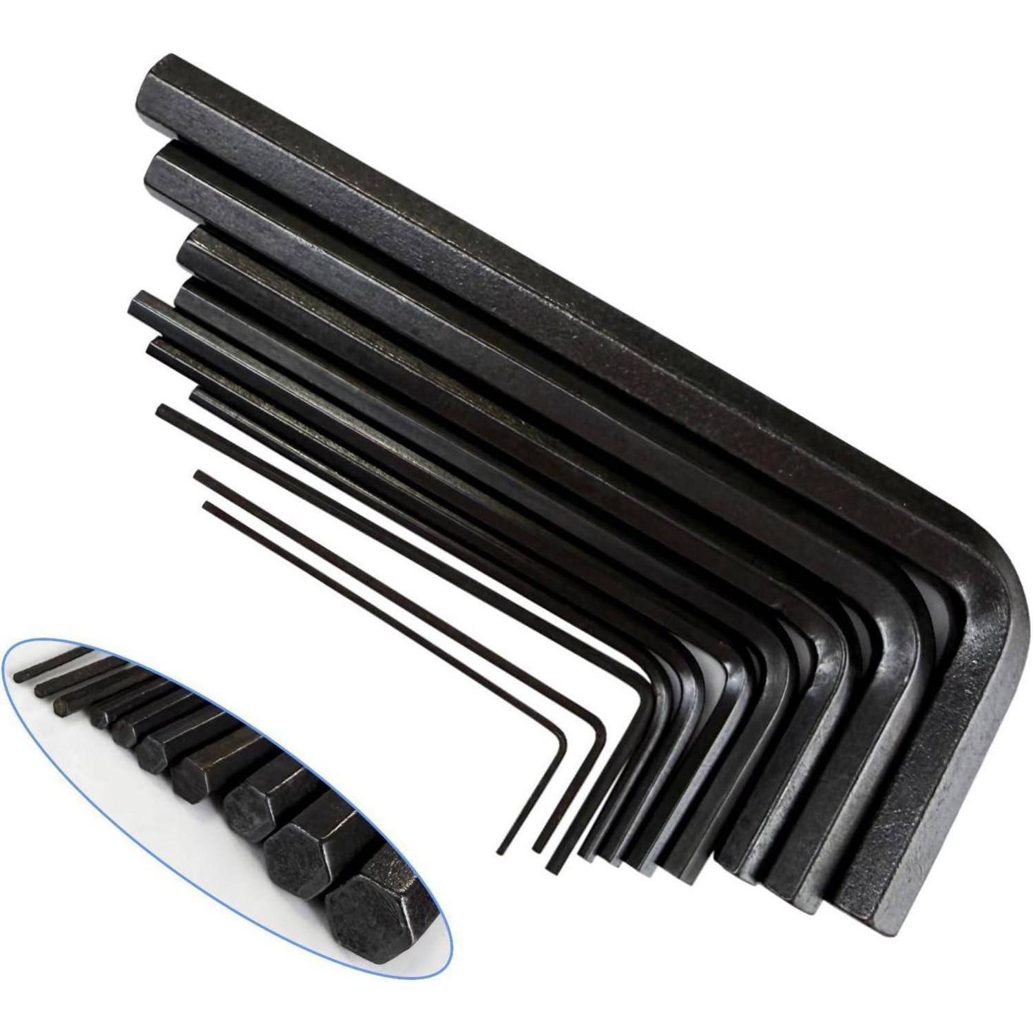 Ein Satz schwarzer Sechskantschlüssel in verschiedenen Größen, von größtem zu kleinstem angeordnet, mit einem Detailbild, das die Enden aus einem anderen Winkel zeigt.