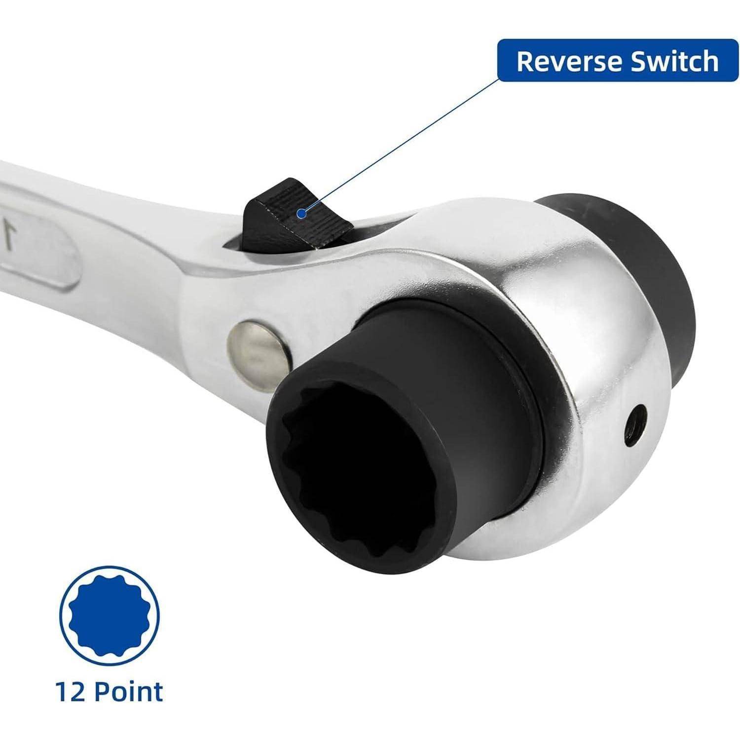 Ein Metallratschenschlüssel mit einem 12-Punkt-Stecknussenkopf und einem Umkehrschalter.