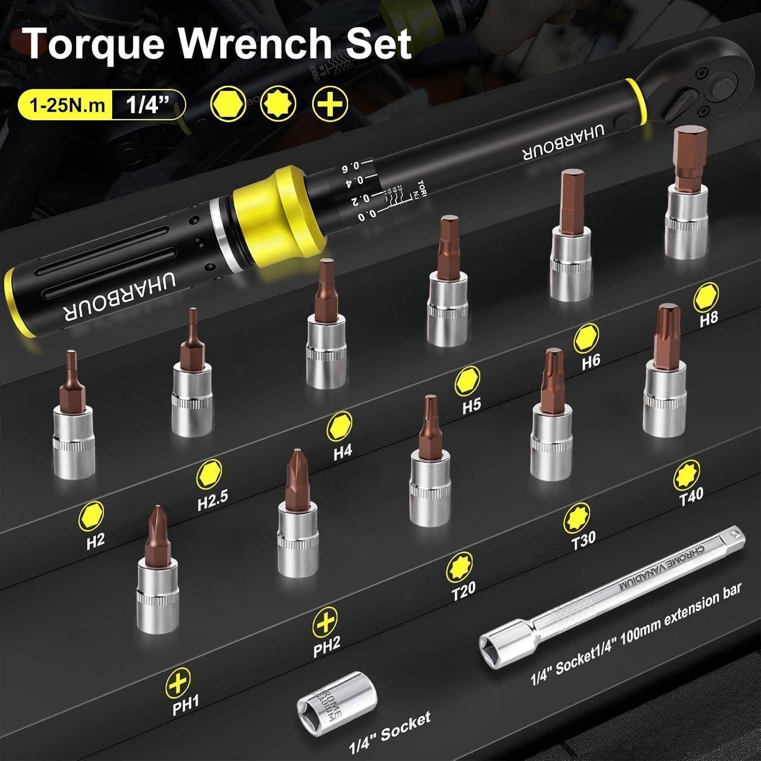 Ein 'Torque Wrench Set' umfasst verschiedene Bitgrößen, einen Drehmomentschlüssel mit einstellbarem Drehmoment von 1-25 N.m und Verlängerungsarmen, der für präzise Aufgaben geeignet ist.