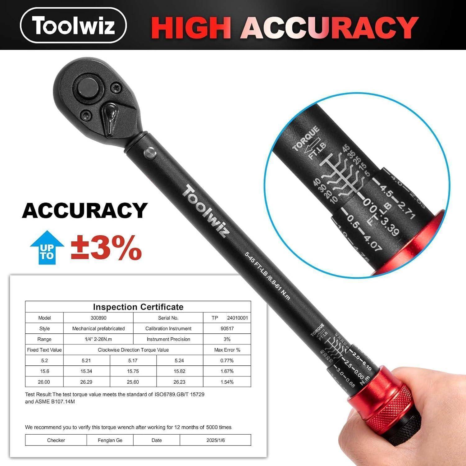 Drehmomentschlüssel mit +/-3% Genauigkeit, Messdisplay und Prüfzertifikat. Marke: Toolwiz, Modell 320000B.