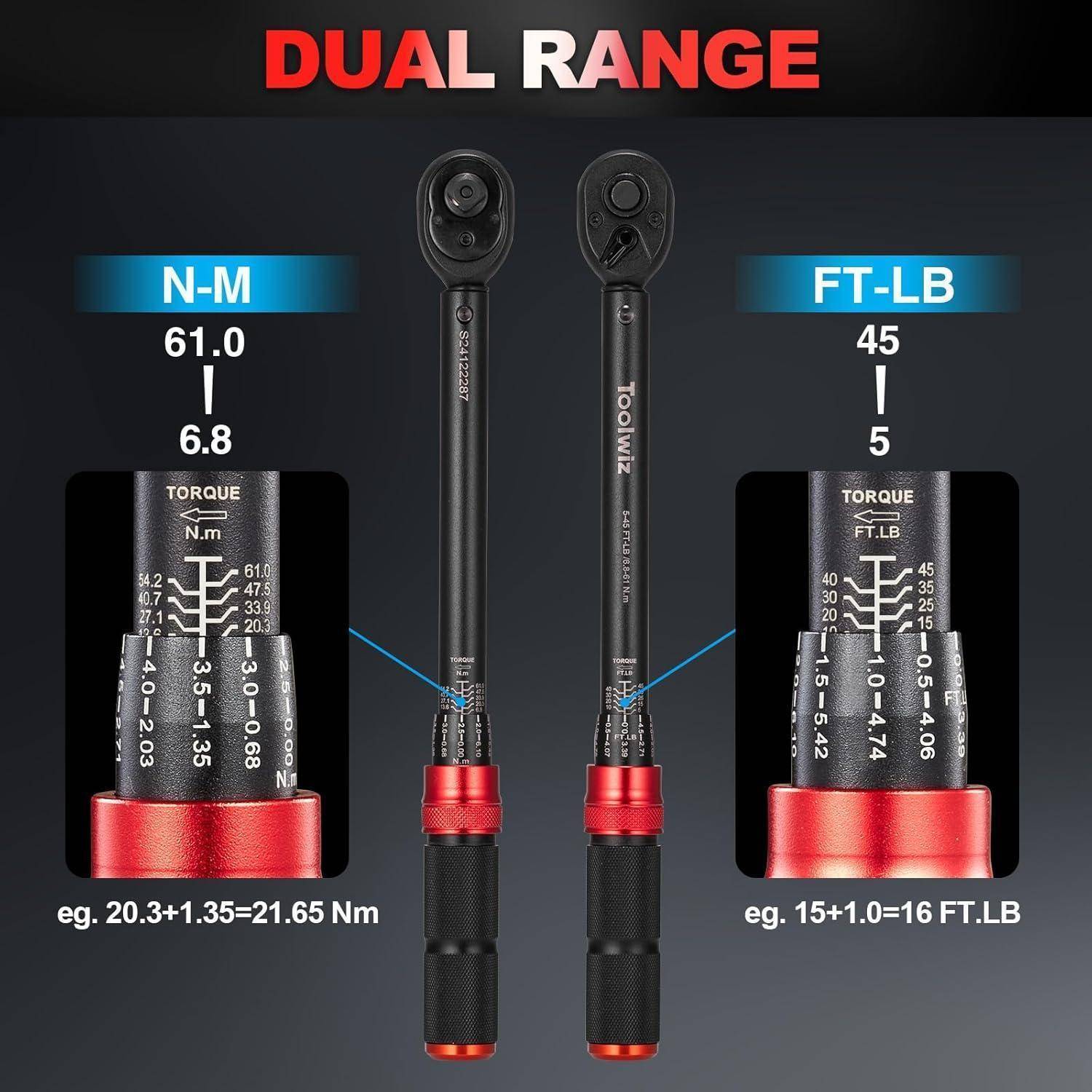 Drehmomentschlüssel mit Doppelskala: N·M 6,8-61,0 und FT·LB 5-45. Beispiele: 20,3+1,35=21,65 N·M, 15+1,0=16 FT·LB.