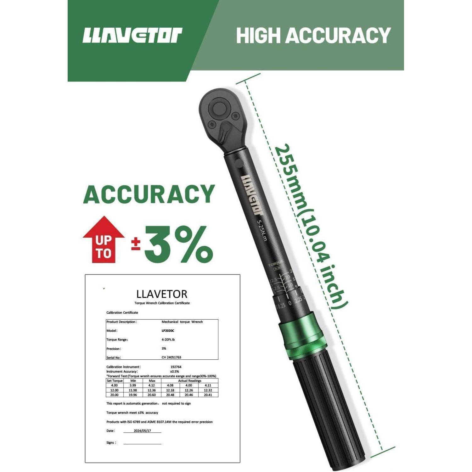 Drehmomentschlüssel mit der Bezeichnung 'LLAVETOR' mit Behauptung 'HÖCHSTE GENAUIGKEIT'. Text besagt 'GENAUIGKEIT BIS ZU ±3%'. Länge: 255 mm (10,04 Zoll).