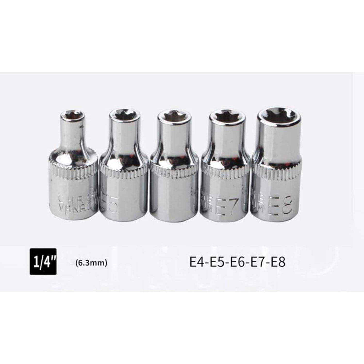 Fünf Chrom-Vanadium-Stahlsteckschlüssel-Bits mit den Bezeichnungen E4, E5, E6, E7, E8 auf weißem Hintergrund, mit dem Vermerk '1/4