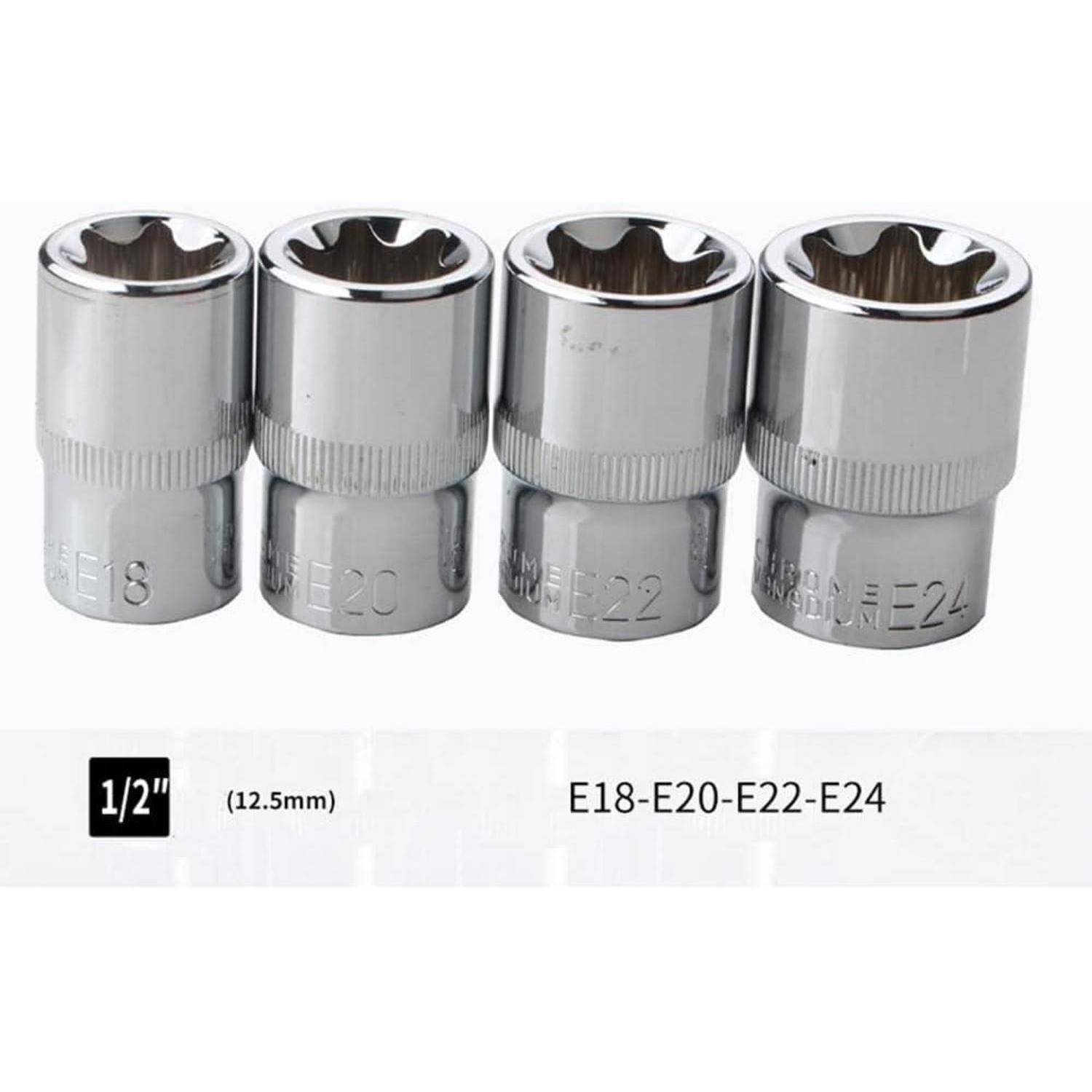 Vier Chrom-E-Torx-Nüsse in den Größen E18, E20, E22 und E24, nebeneinander angeordnet. Text lautet '1/2