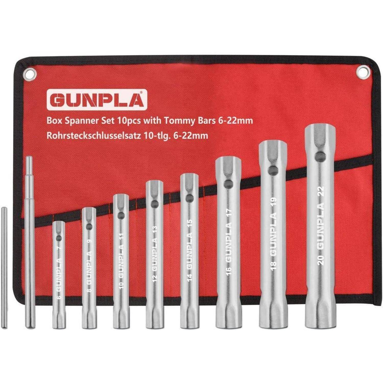 Rote Werkzeug-Rolle mit der Aufschrift 'GUNPLA Box-Schraubenschlüssel-Set 10-teilig mit Tommy-Griffen 6-22mm', die neun silberne Schraubenschlüssel in verschiedenen Größen zeigt.
