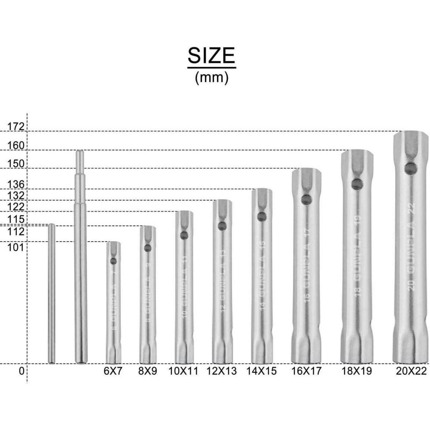 Satz von Metallwerkzeugen, Größen von 6x7 mm bis 20x22 mm, vertikal angeordnet mit beschrifteten Größenmessungen in Millimetern.