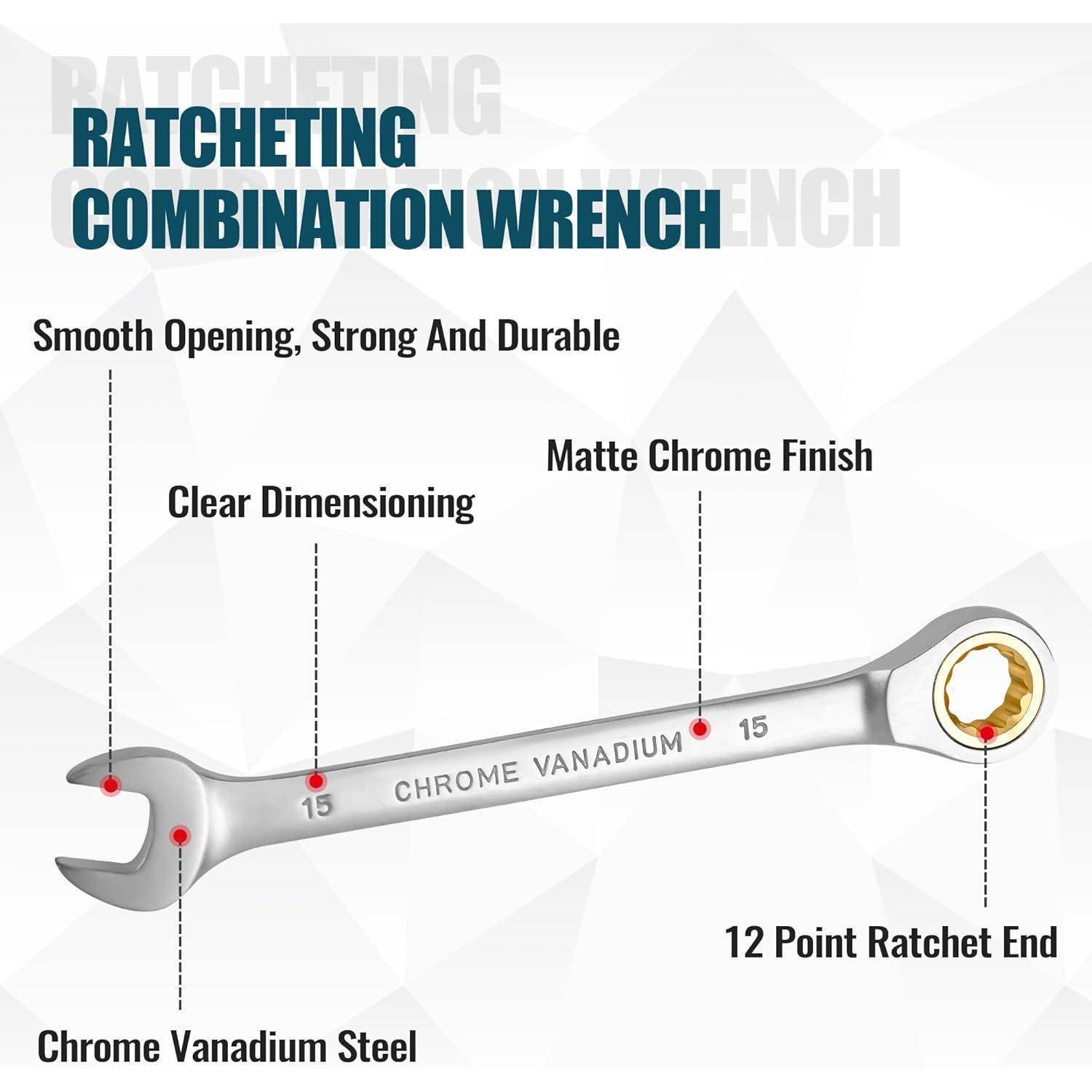 Ratsche Ringmaulschlüssel mit glatter Öffnung, klarer Beschriftung, matter Chromoberfläche, aus Chrom-Vanadium-Stahl, mit 12-Punkt-Ratschenkopf.