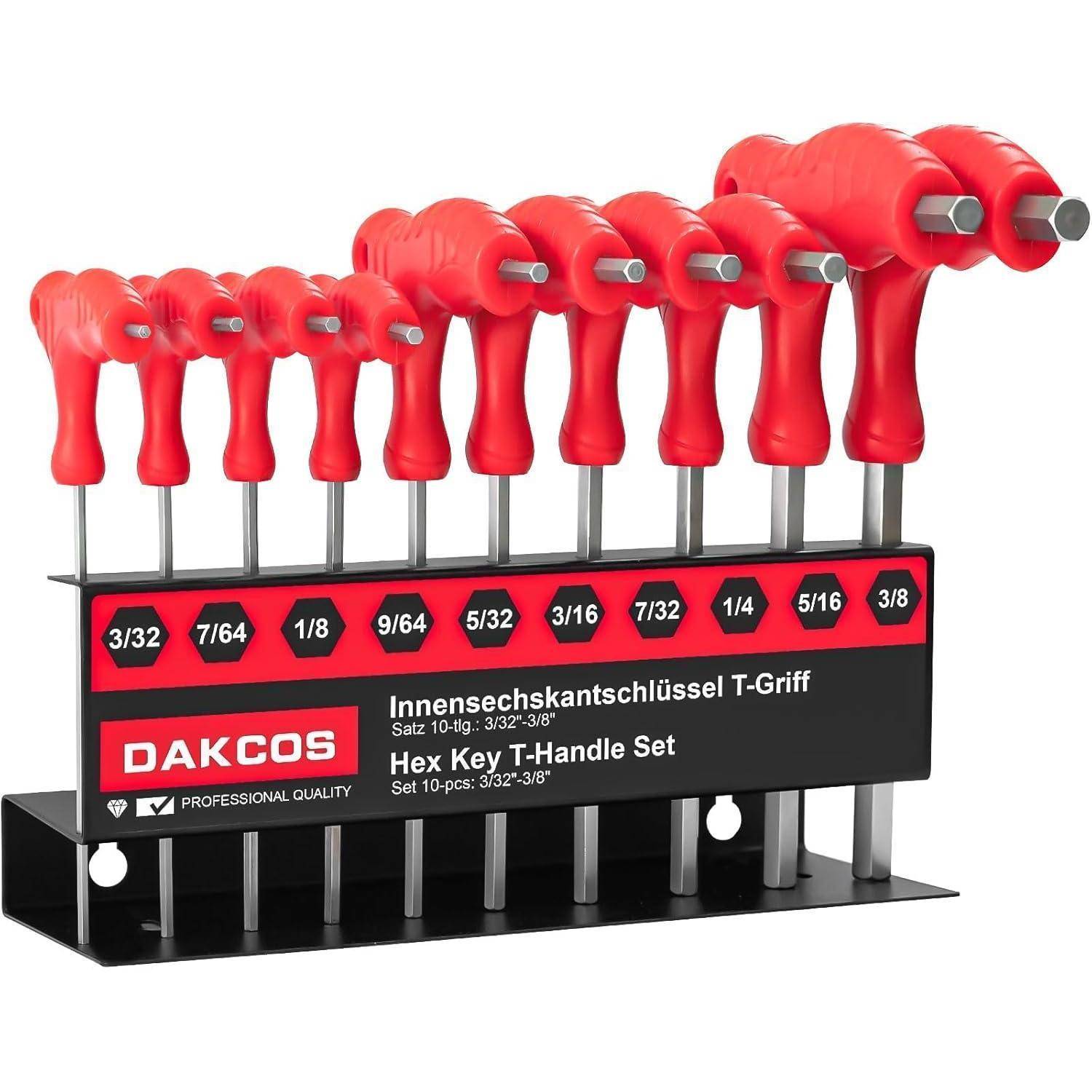 Ein Set Innensechskantschlüssel mit roten Griffen auf einem schwarzen Ständer mit der Beschriftung 'DAKCOS Hex Key T-Handle Set'. Die Größen reichen von 3/32 bis 3/8 Zoll.