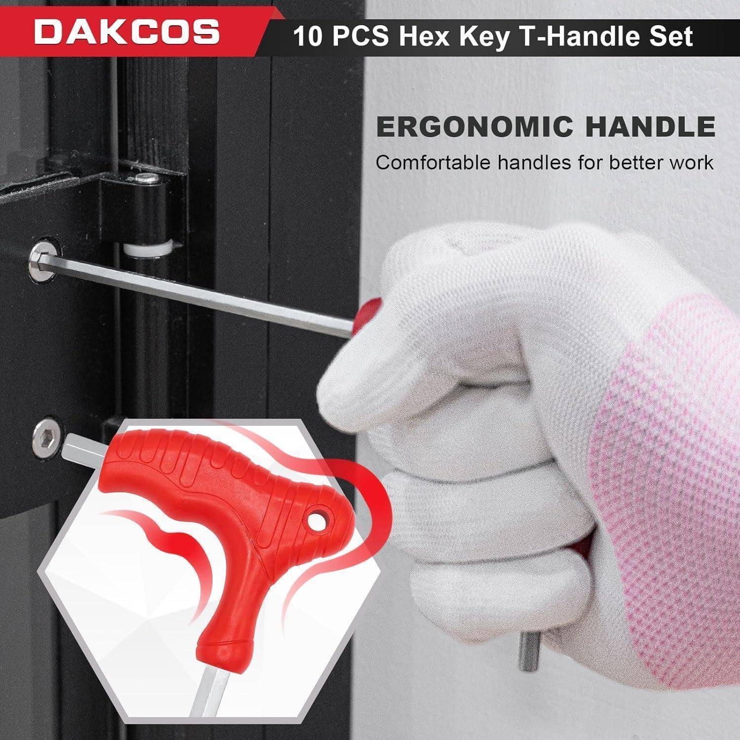 10-teiliges Sechskant-Schlüssel T-Griff Set' von DAKCOS wurde vorgestellt, wobei der ergonomische Griff für komfortables Anziehen einer Schraube betont wurde.