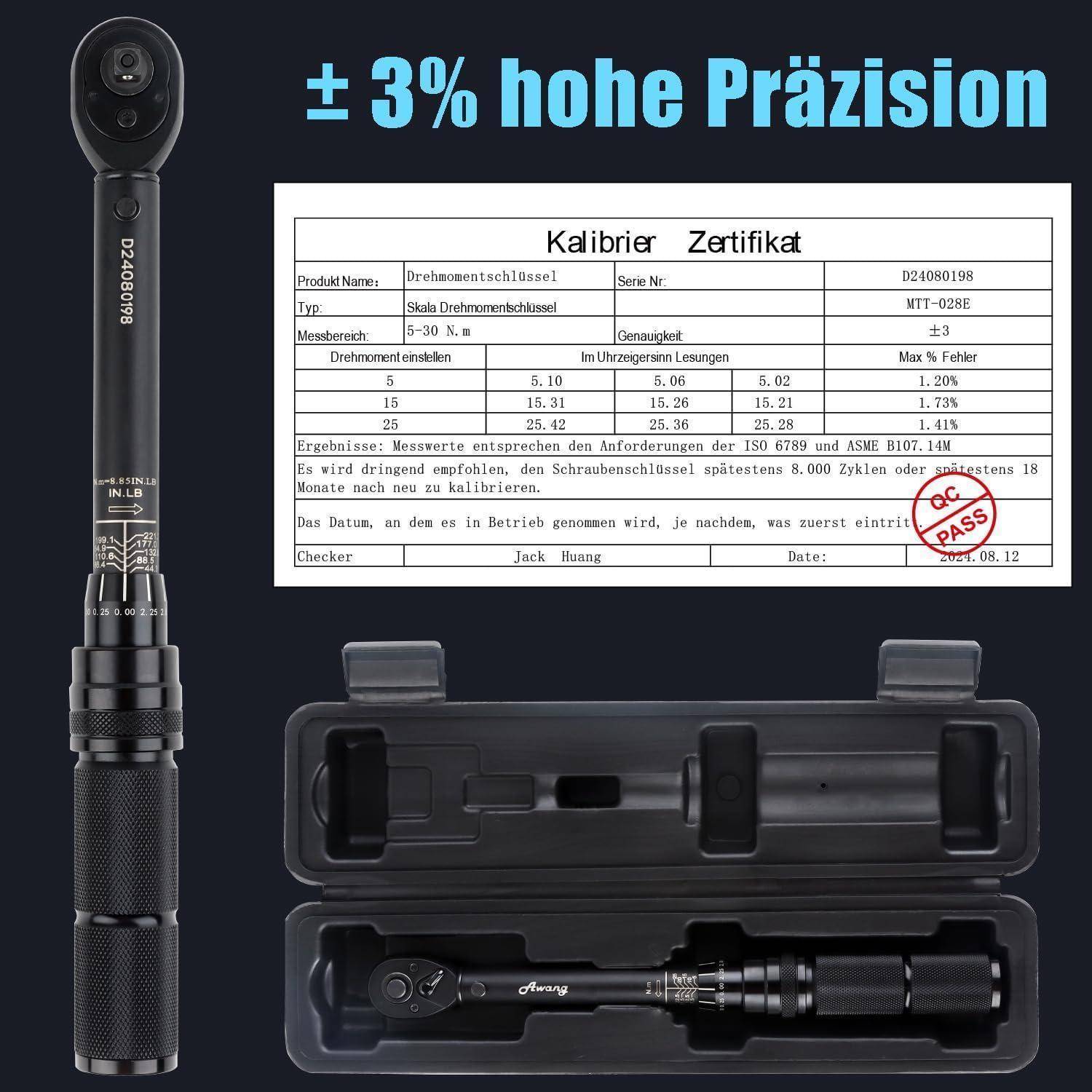 Ein Drehmomentschlüssel mit Kalibrierschein, gekennzeichnet mit '± 3% hohe Präzision.' Der Schlüssel befindet sich in einem schwarzen Koffer und betont Präzision.