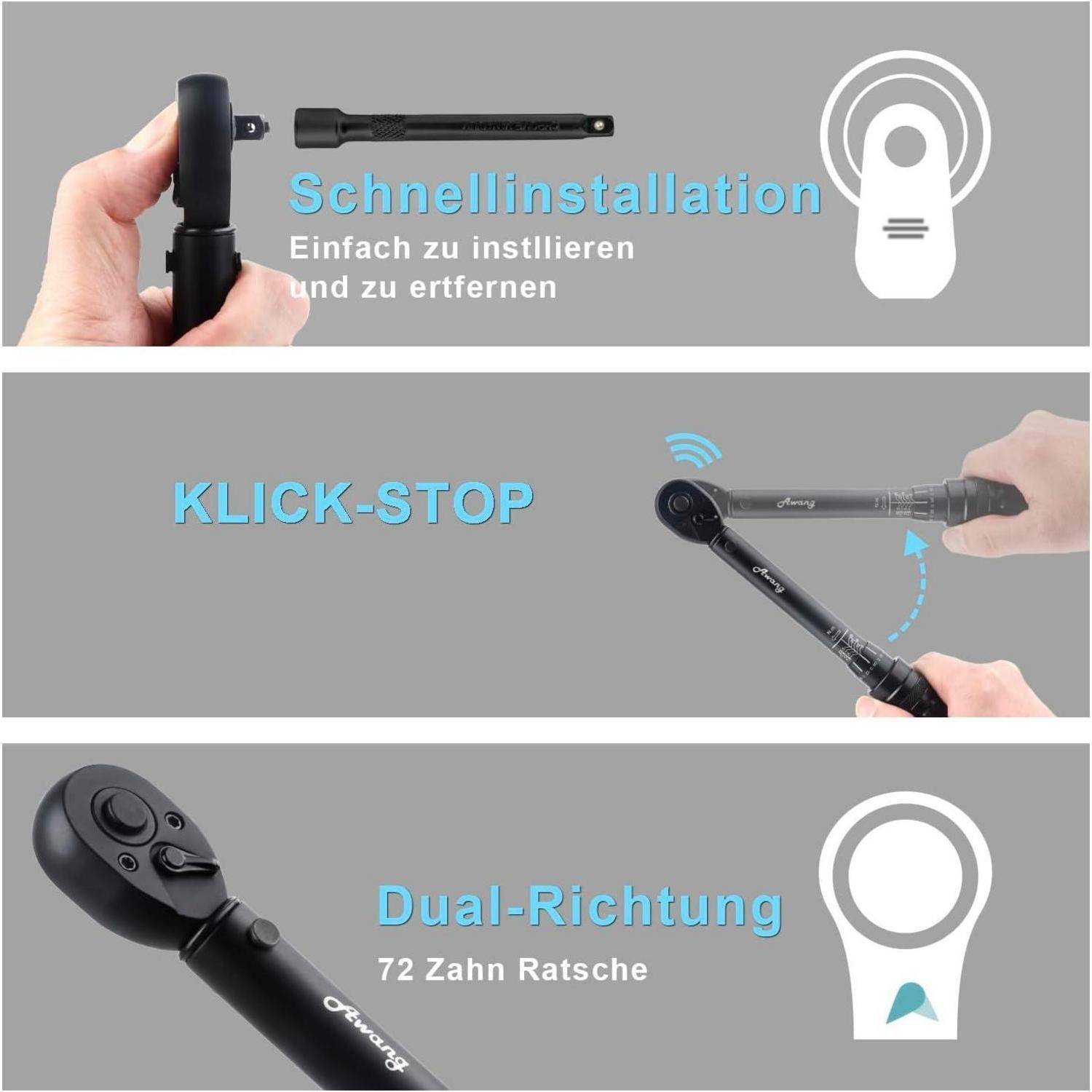 Drehmomentschlüssel demonstriert schnelle Installation, Klick-Stopp-Funktion und Bidirektionalität mit 72-Zahn-Ratsche in drei beschrifteten Panels.