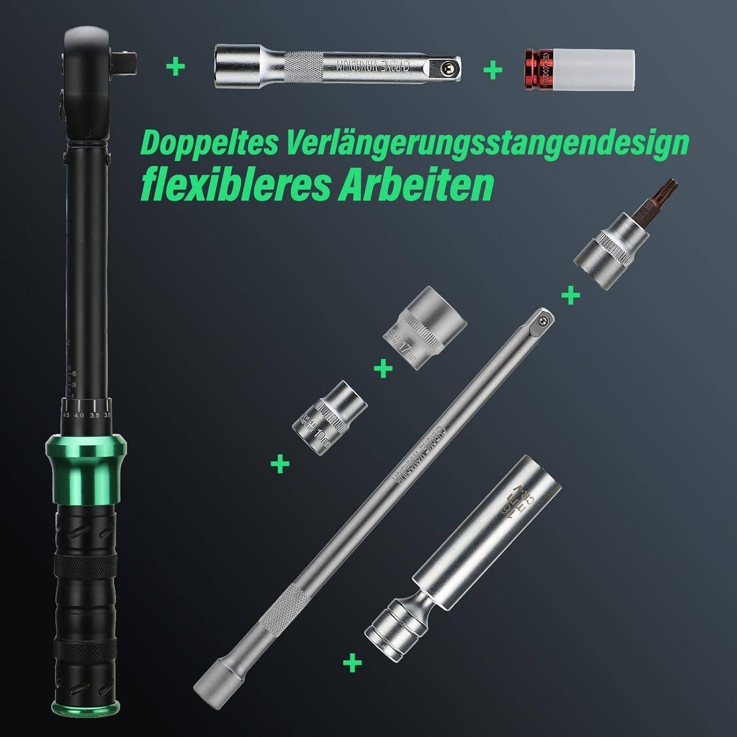Sammlung verschiedener Schraubenschlüsselverlängerungen mit Text 'Doppeltes Verlängerungsstangendesign für flexibleres Arbeiten' zur Veranschaulichung flexibler Werkzeugnutzung.