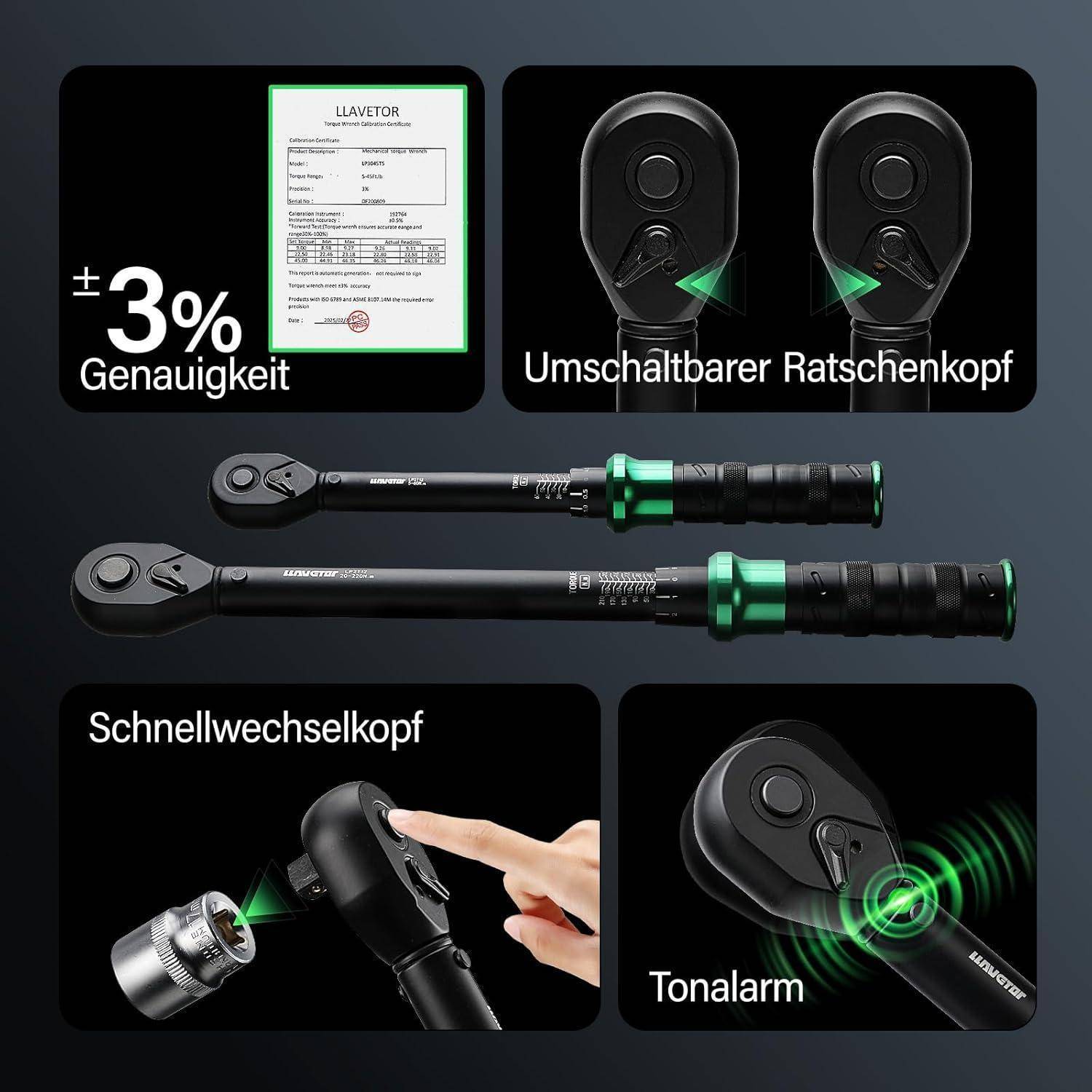 Das Bild präsentiert einen Drehmomentschlüssel mit hervorgehobenen Funktionen: auswechselbarer Ratschenkopf, Schnellwechselkopf und ein Tonsignal-Alarmsystem. Ein Zertifikat weist eine Präzision von 3% aus.